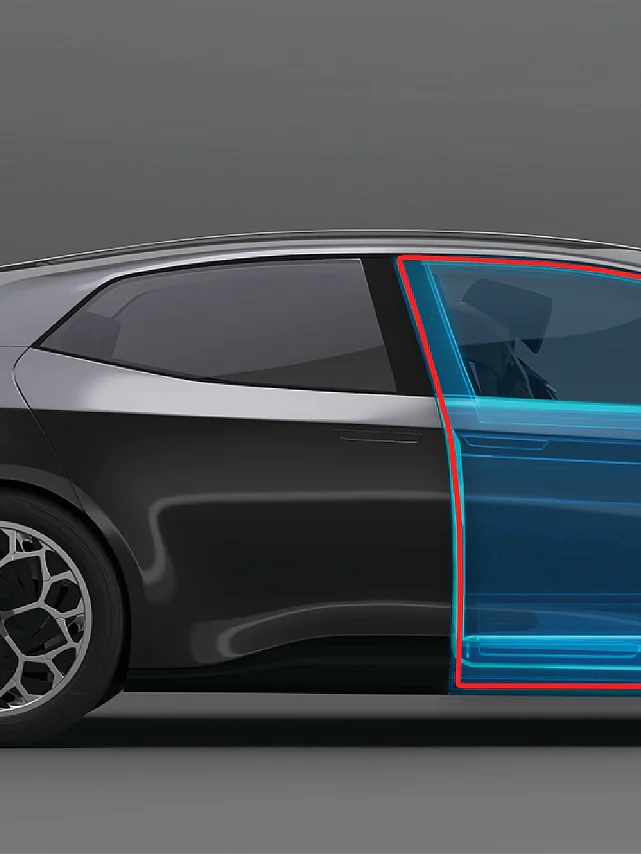 TES6945 - Seal Line Landingpage headers A side view of a black hatchback car on a gray background with a transparent overlay highlighting the front and rear passenger side doors in blue and red lines, indicating the areas where tesa tape is applied. (This text has been generated by AI)
