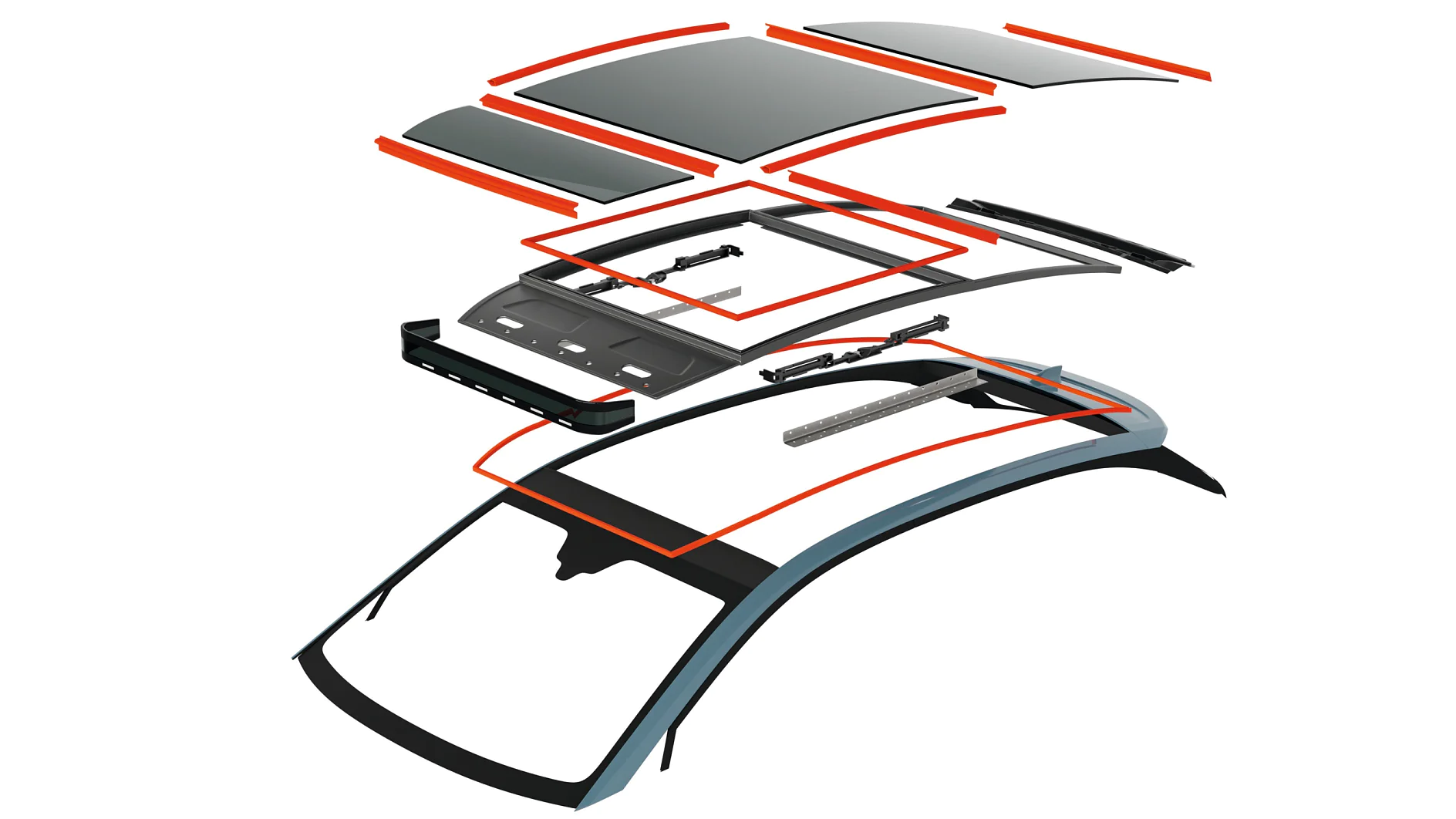 automotive-sunroof-explosion-grahic-001-ap-cms Exploded diagram of a car roof assembly showing separated components, including glass panels, wiring, weatherstripping, frames, tesa tape, and roof rails, all aligned above the main roof structure. (This text has been generated by AI)