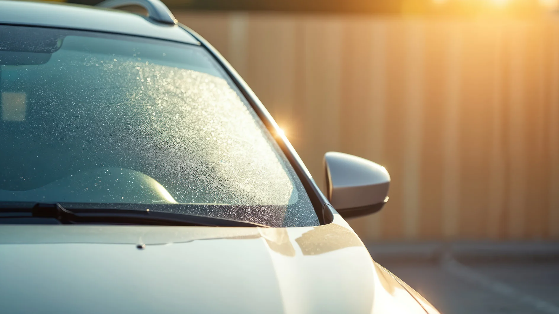 Sunlight shines on windshield of car parked outdoor. Auto glass covered with water drops. Car surface is silver. Sun glare is bright on glass reflecting on car body. Close-up of the front windshield and side mirror of a silver car with morning dew, parked outdoors in sunlight. A piece of tesa tape is visible, with a wooden fence and blurred background also in view. (This text has been generated by AI)