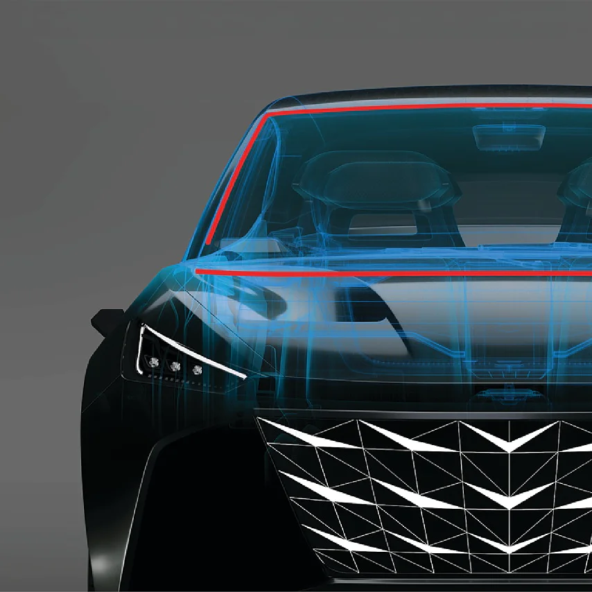 A front view of a car with a transparent overlay showing interior seats, dashboard, and engine components, on a gray background. The hood and windshield areas are highlighted with blue and red outlines to indicate the use of tesa tape. (This text has been generated by AI)