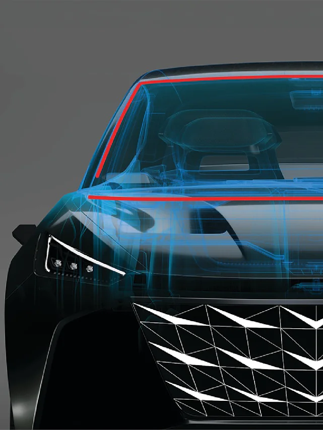 A front view of a car with a transparent overlay showing interior seats, dashboard, and engine components, on a gray background. The hood and windshield areas are highlighted with blue and red outlines to indicate the use of tesa tape. (This text has been generated by AI)