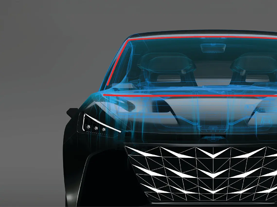 A front view of a car with a transparent overlay showing interior seats, dashboard, and engine components, on a gray background. The hood and windshield areas are highlighted with blue and red outlines to indicate the use of tesa tape. (This text has been generated by AI)