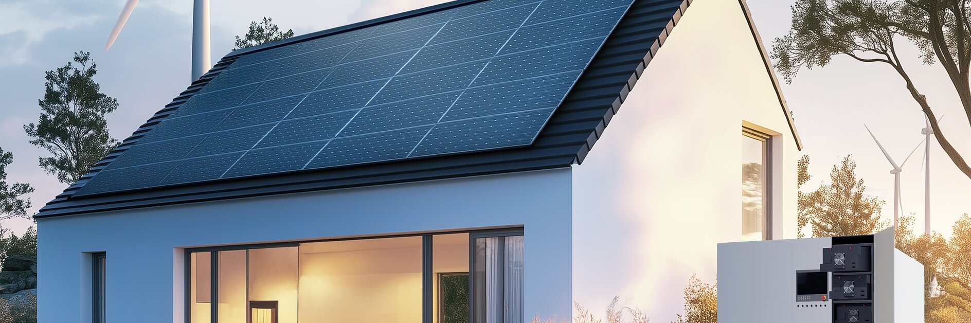 A modern house with solar panels on the roof, a wind turbine nearby, and a large battery storage unit outside—tesa tape securing various installations—surrounded by grass under a partly cloudy sky at sunset. (This text has been generated by AI)