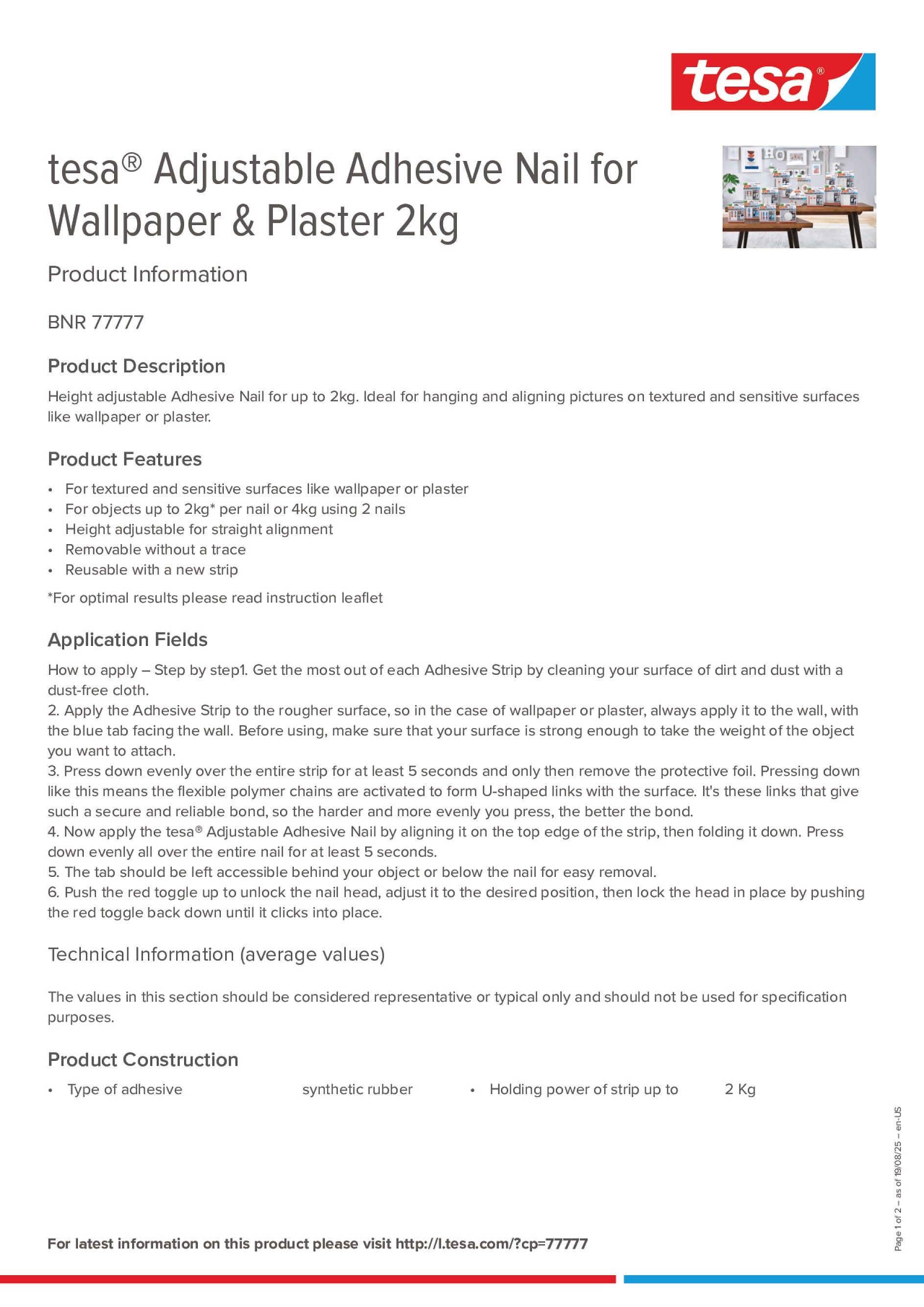 Tesa 77777-00005-00 Adjustable Adhesive Nail – Removable Picture Hanging For Wallpaper & Plaster, Holds 2 Kg, White, 2-Pack (Reusable)