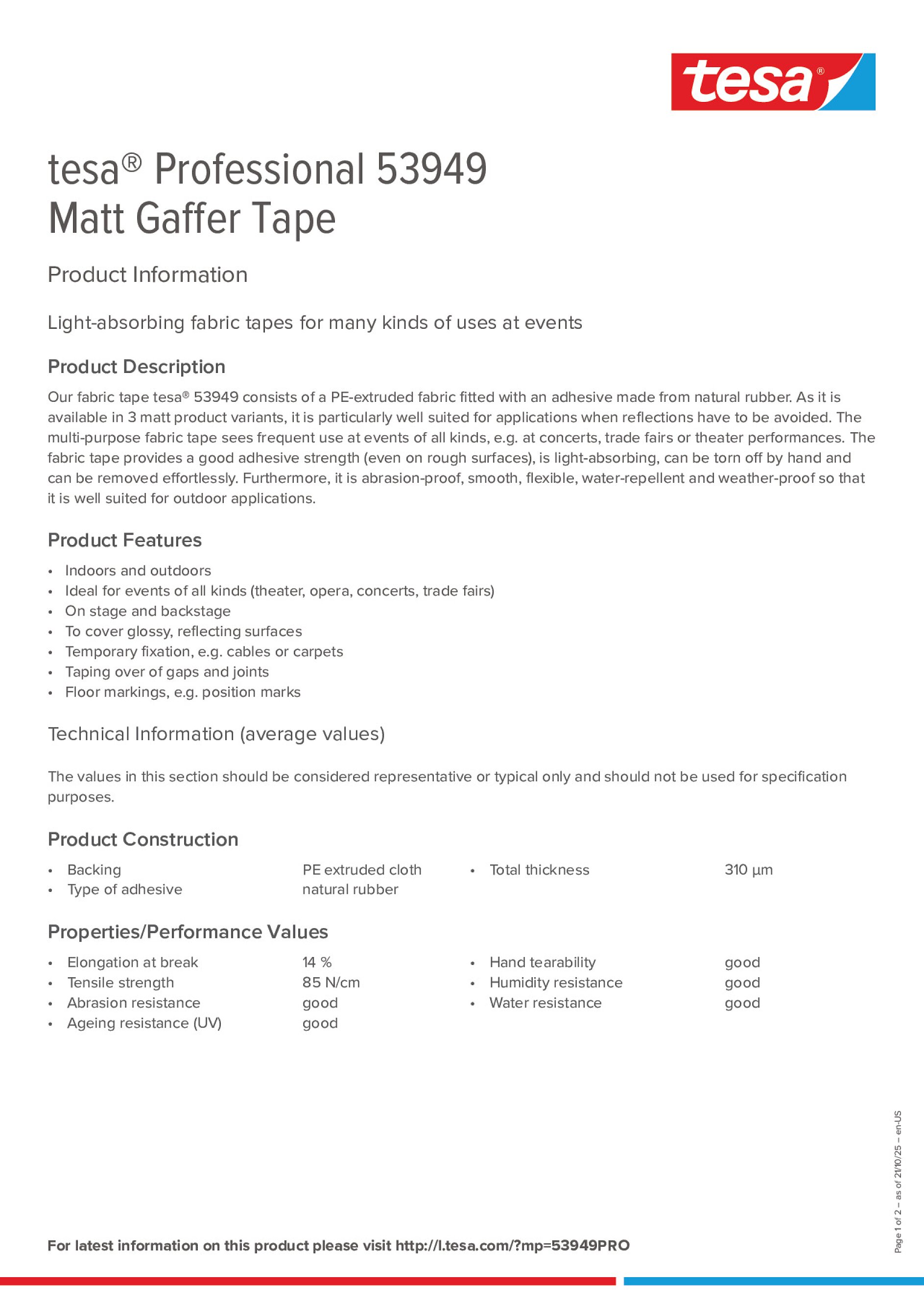 あた　804040 tesa® Professional 53949 Matt Gaffer Tape - tesa