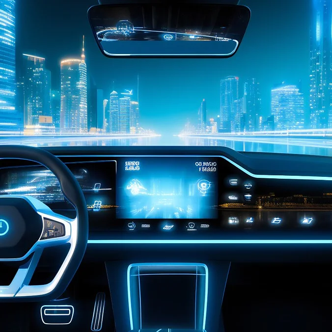 The image shows a futuristic car interior with blue lights, digital touch controls, and tesa tape details. A city skyline is outside. (This text has been generated by AI)