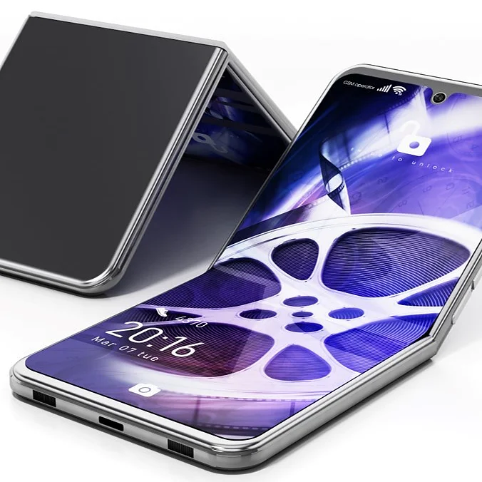 A modern foldable smartphone is partially open, showing a lock screen with geometric patterns and sleek edges, hinged with tesa tape. (This text has been generated by AI)