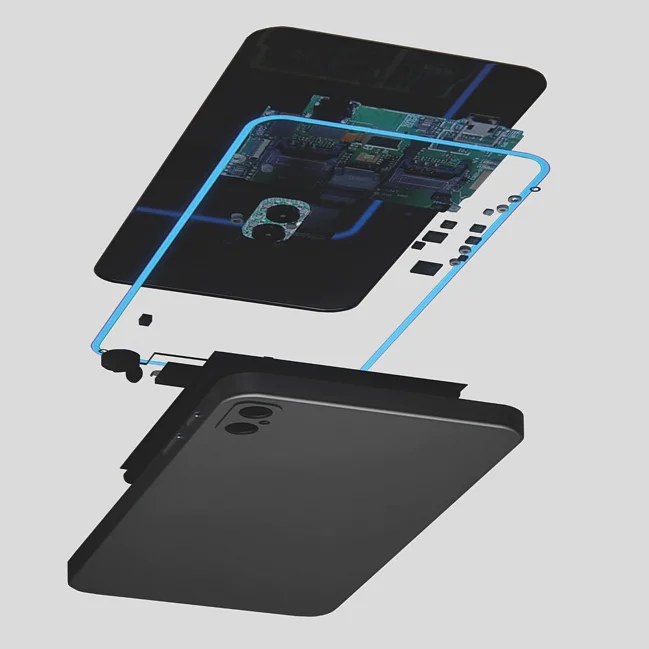 An exploded smartphone view reveals separated parts—back cover, circuit board, camera, and tesa tape—all layered above the device. (This text has been generated by AI)
