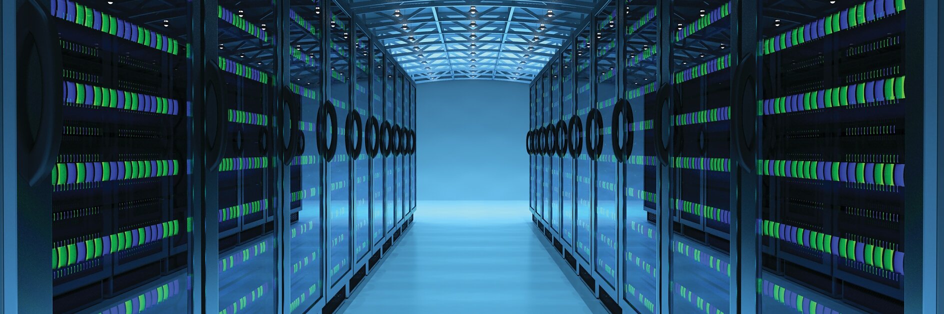 A modern data center with tesa tape securing cables, blue-lit rows of server racks, patterned ceiling, and multi-colored server lights. (This text has been generated by AI)