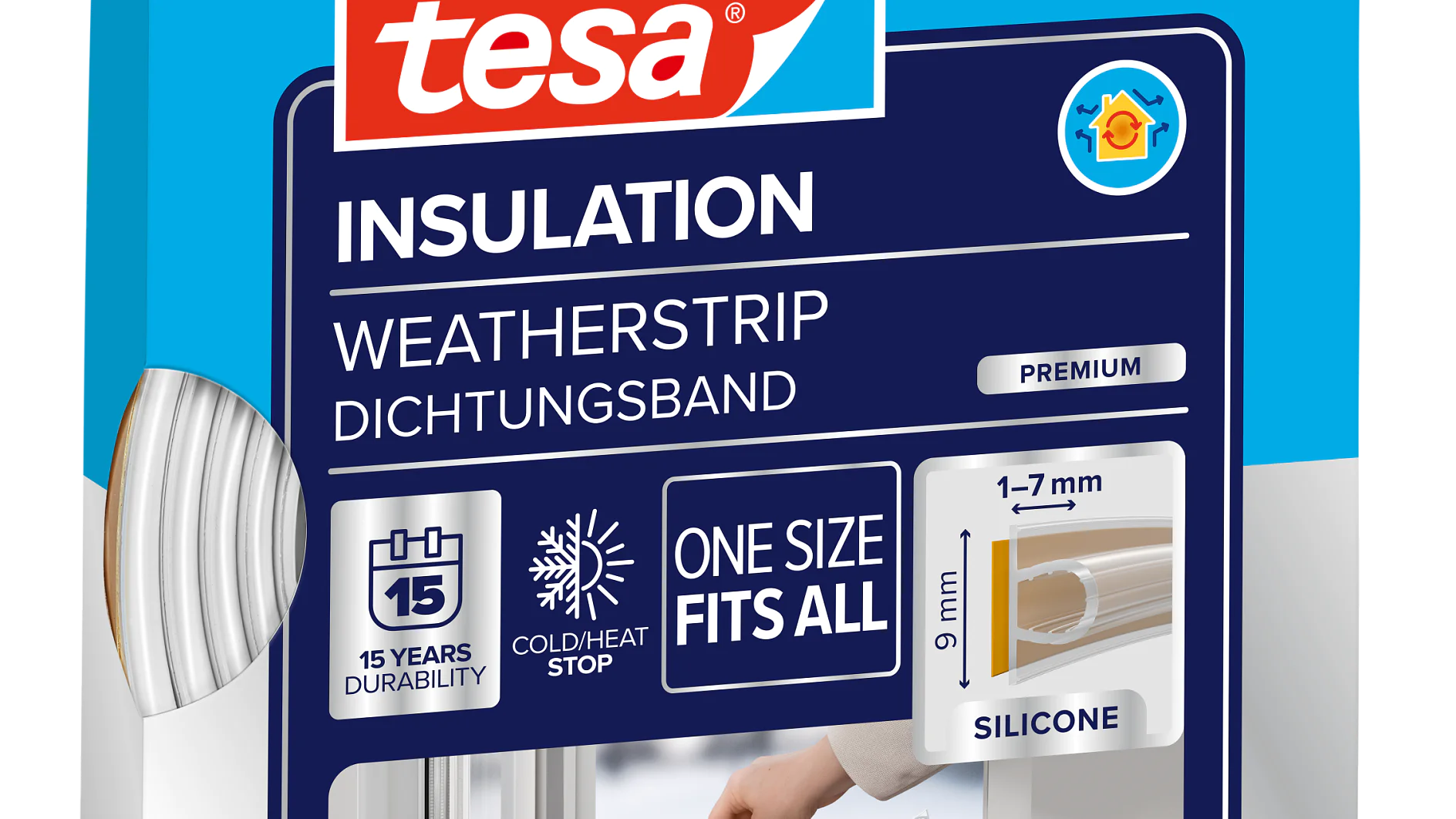 A blue and white box of tesa tape Insulation Weatherstrip, premium silicone, 6m long for 1–7mm gaps, with images and icons for durability and temperature resistance. (This text has been generated by AI)