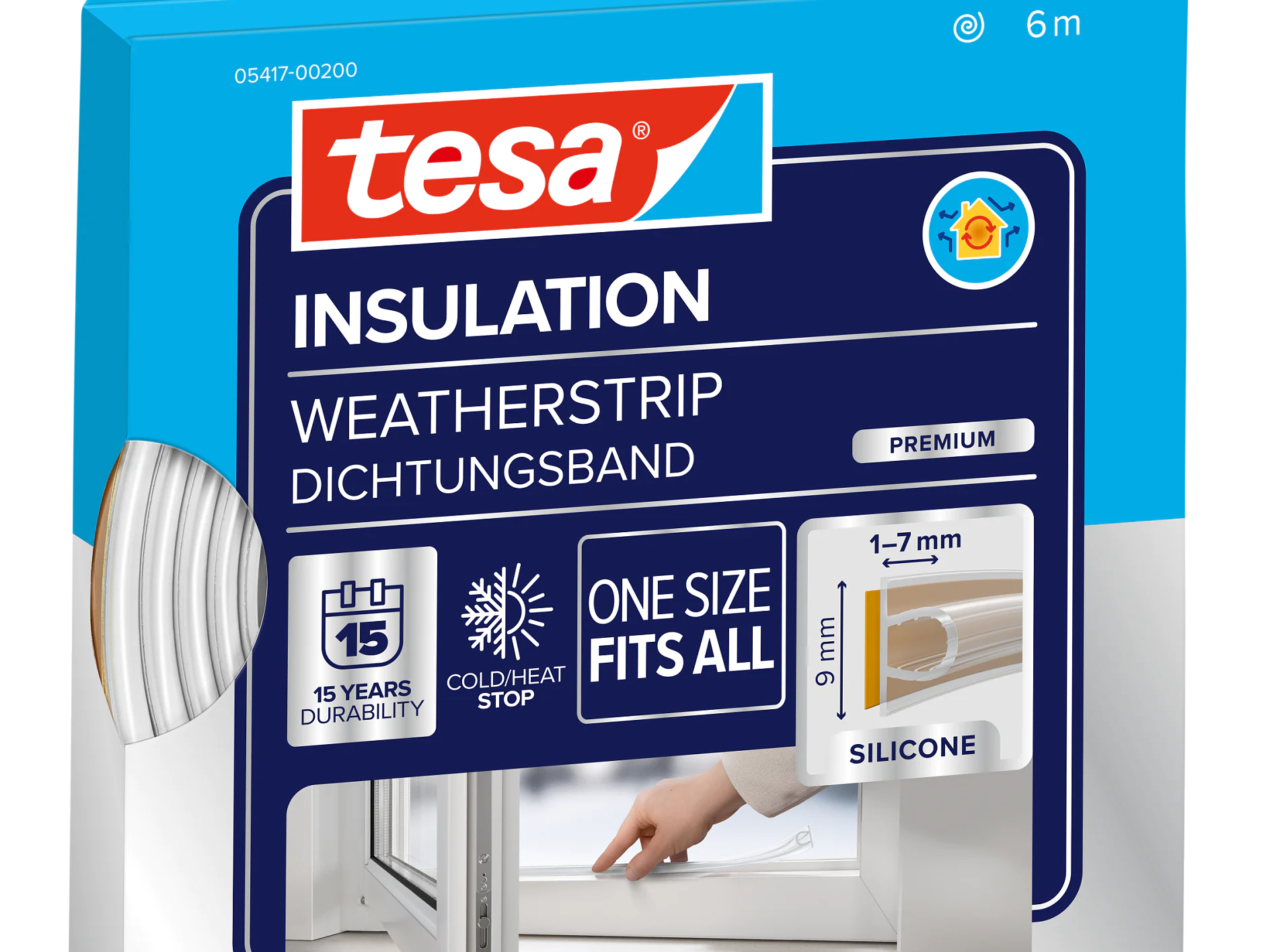 A blue and white box of tesa tape Insulation Weatherstrip, premium silicone, 6m long for 1–7mm gaps, with images and icons for durability and temperature resistance. (This text has been generated by AI)