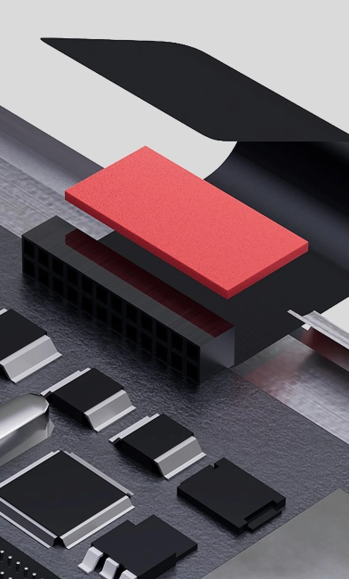 A close-up of electronic components on gray, showing a black connector with tesa tape’s red foam pad above and small metallic parts nearby. (This text has been generated by AI)