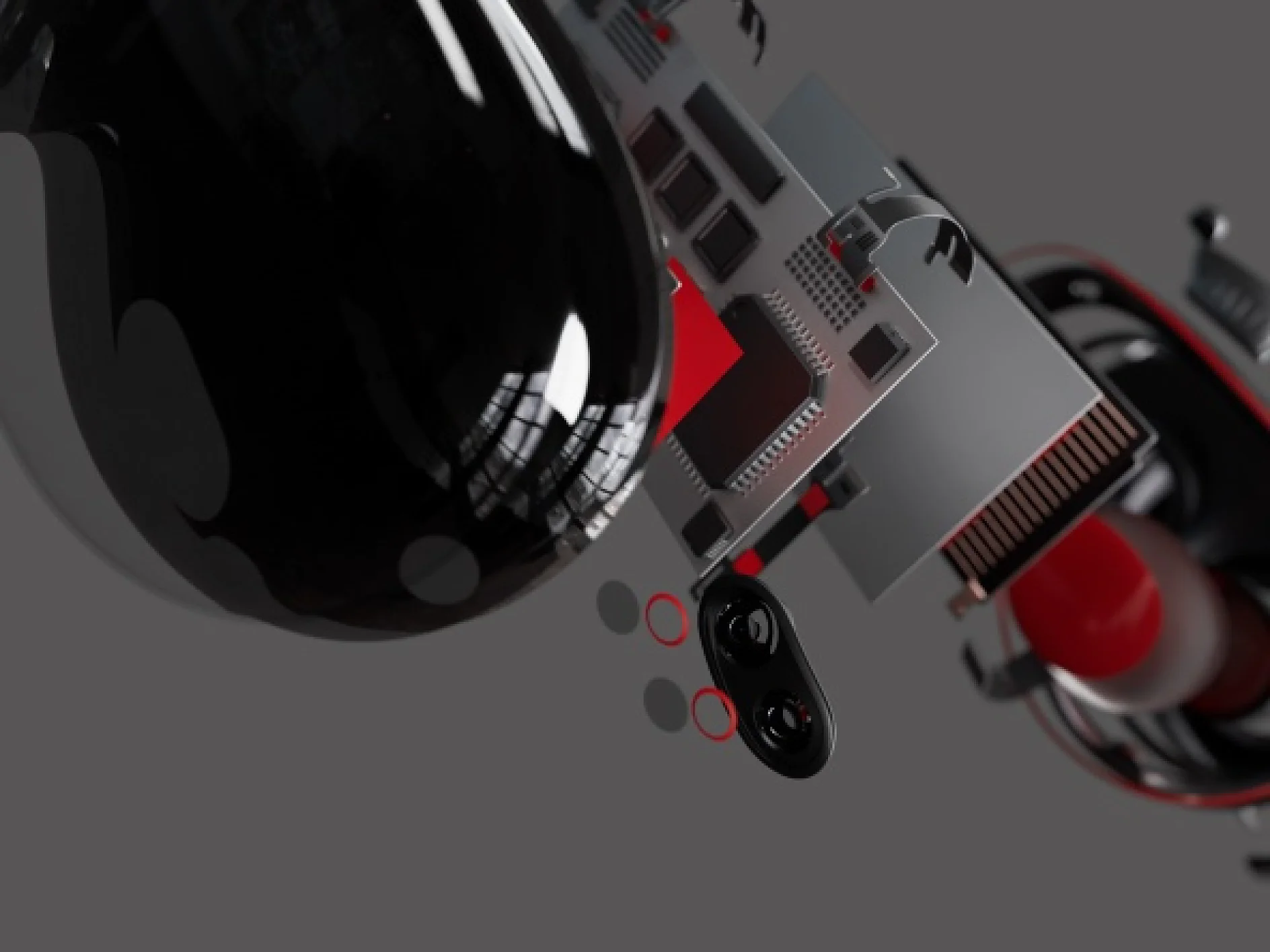 A close-up of abstract electronics and circuit elements, with tesa tape on shiny black, red, and metallic surfaces over gray. (This text has been generated by AI)