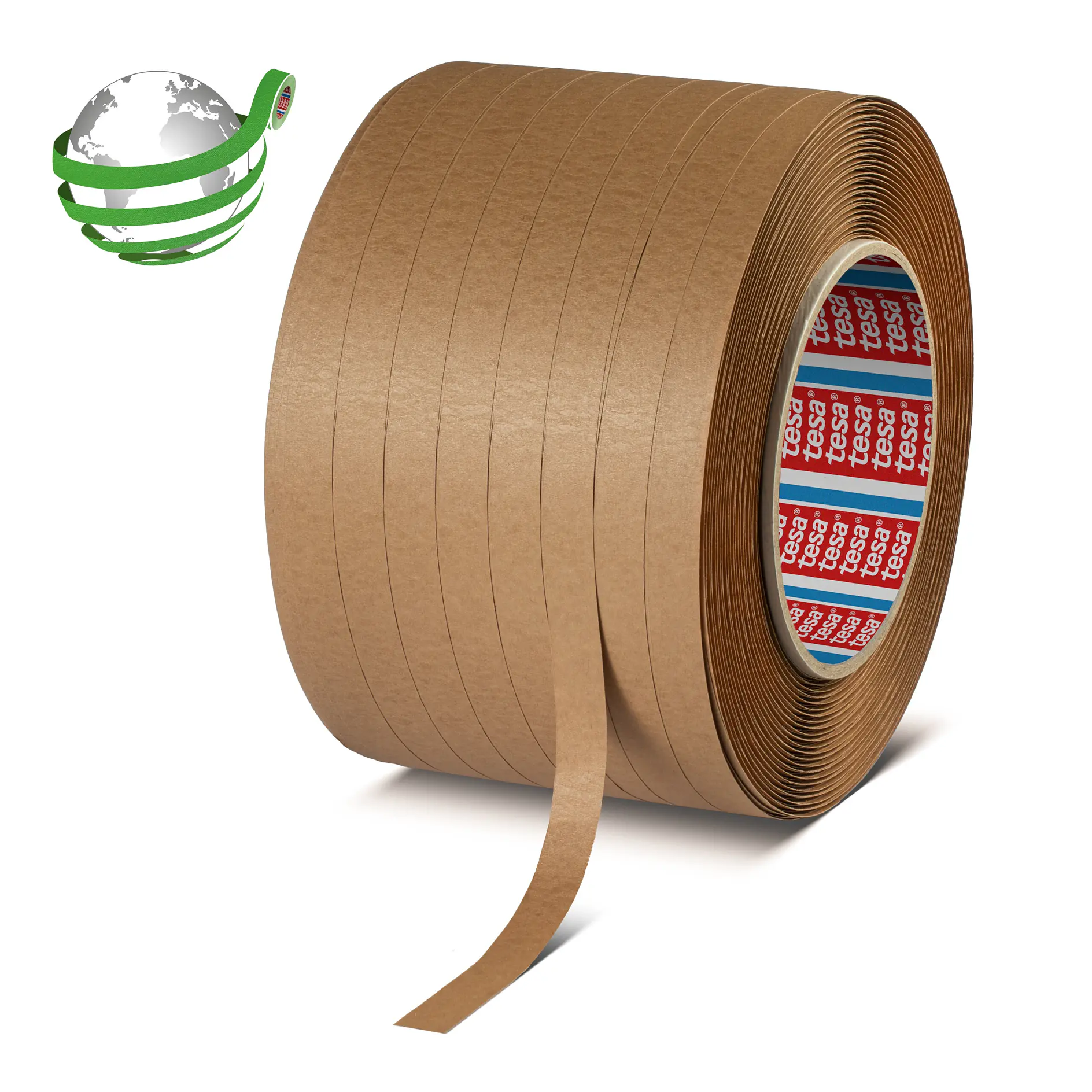 roll of brown tesa adhesive tape with partially unrolled strip on white background and green globe logo (This text has been generated by AI)