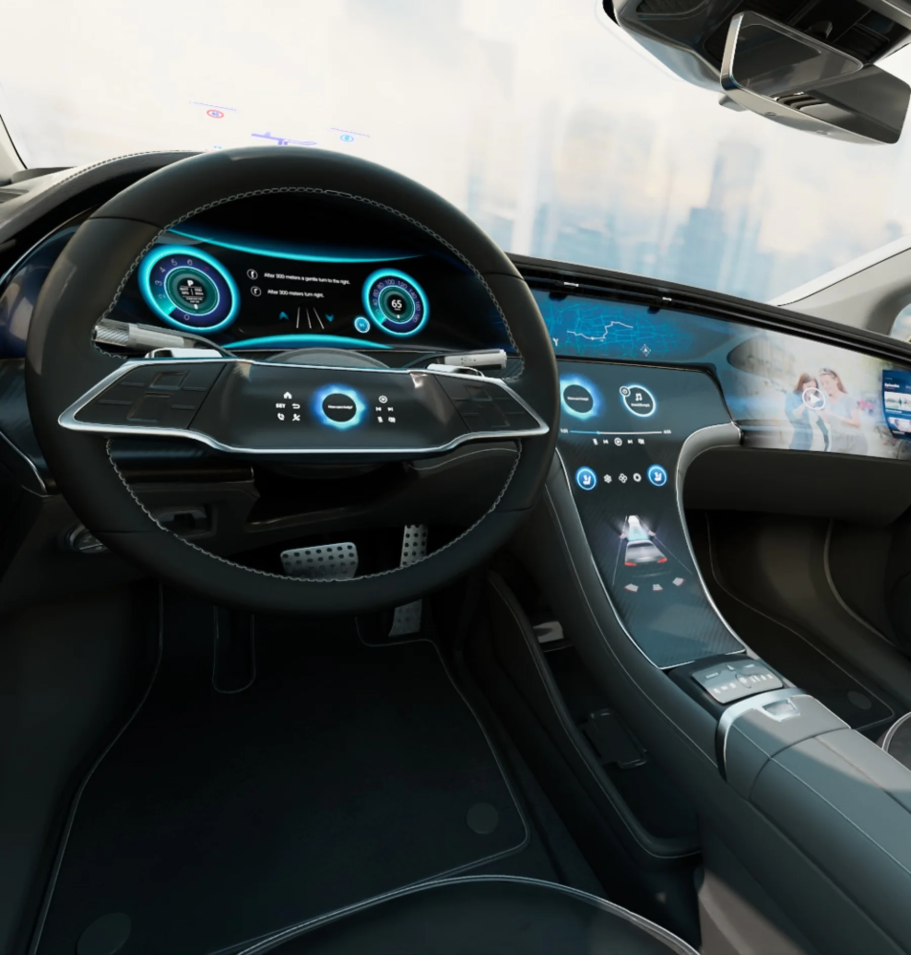 A futuristic car interior with a digital dashboard, tesa tape on trim, touch controls, a transparent display, and blue illuminated accents. (This text has been generated by AI)