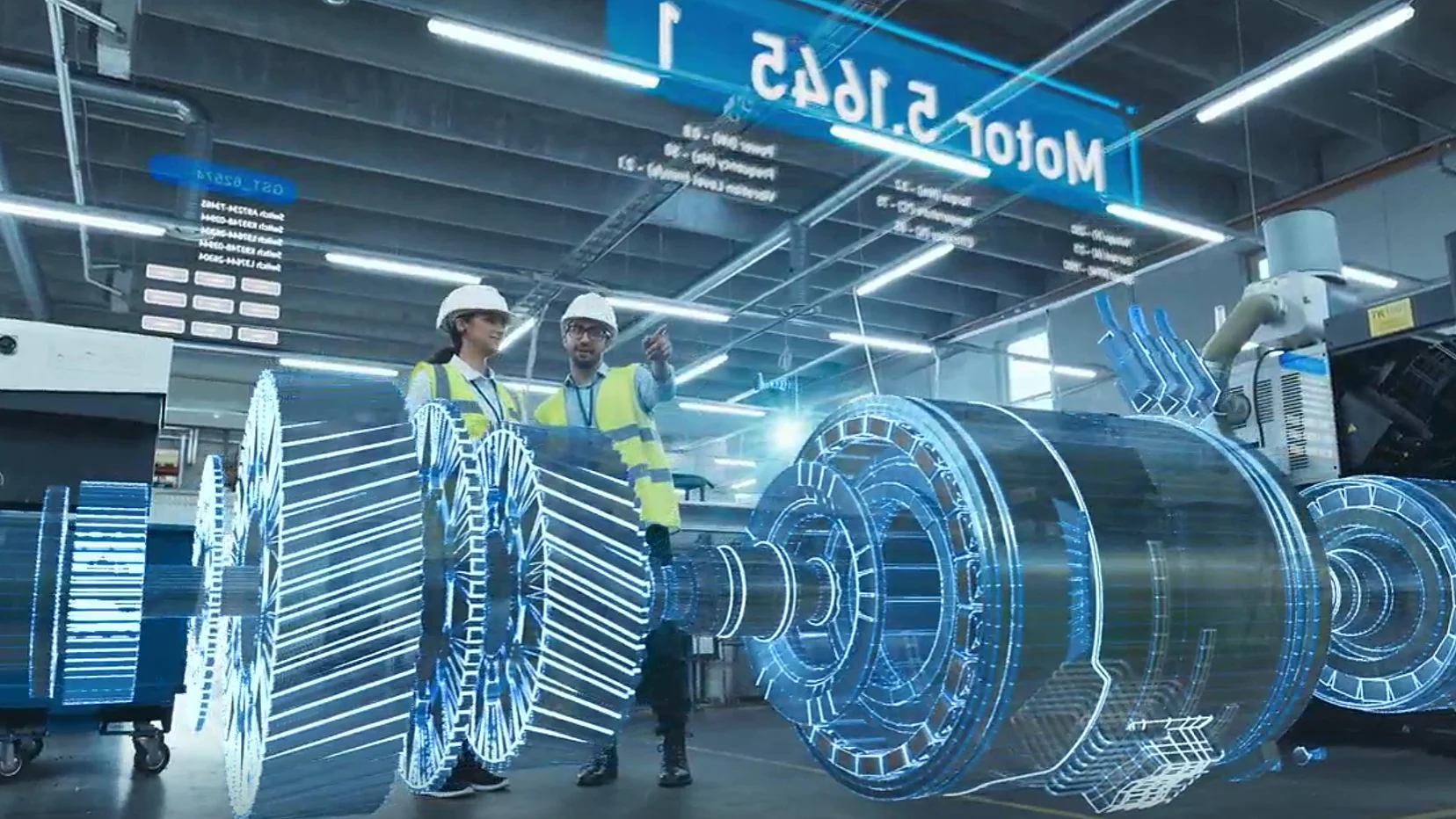 Two engineers in hard hats and safety vests examine a digital motor rendering in a factory, with data overlay and tesa tape labels. (This text has been generated by AI)