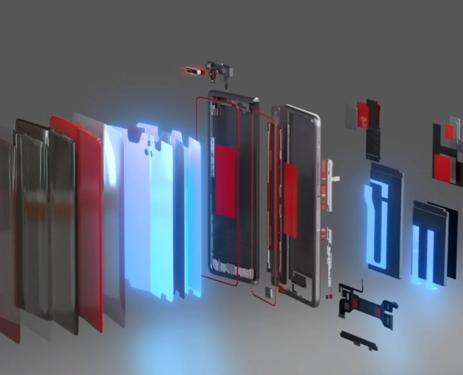 An exploded view of a smartphone with internal layers—screen, circuit boards, casing, connectors—and tesa tape, all separated. (This text has been generated by AI)