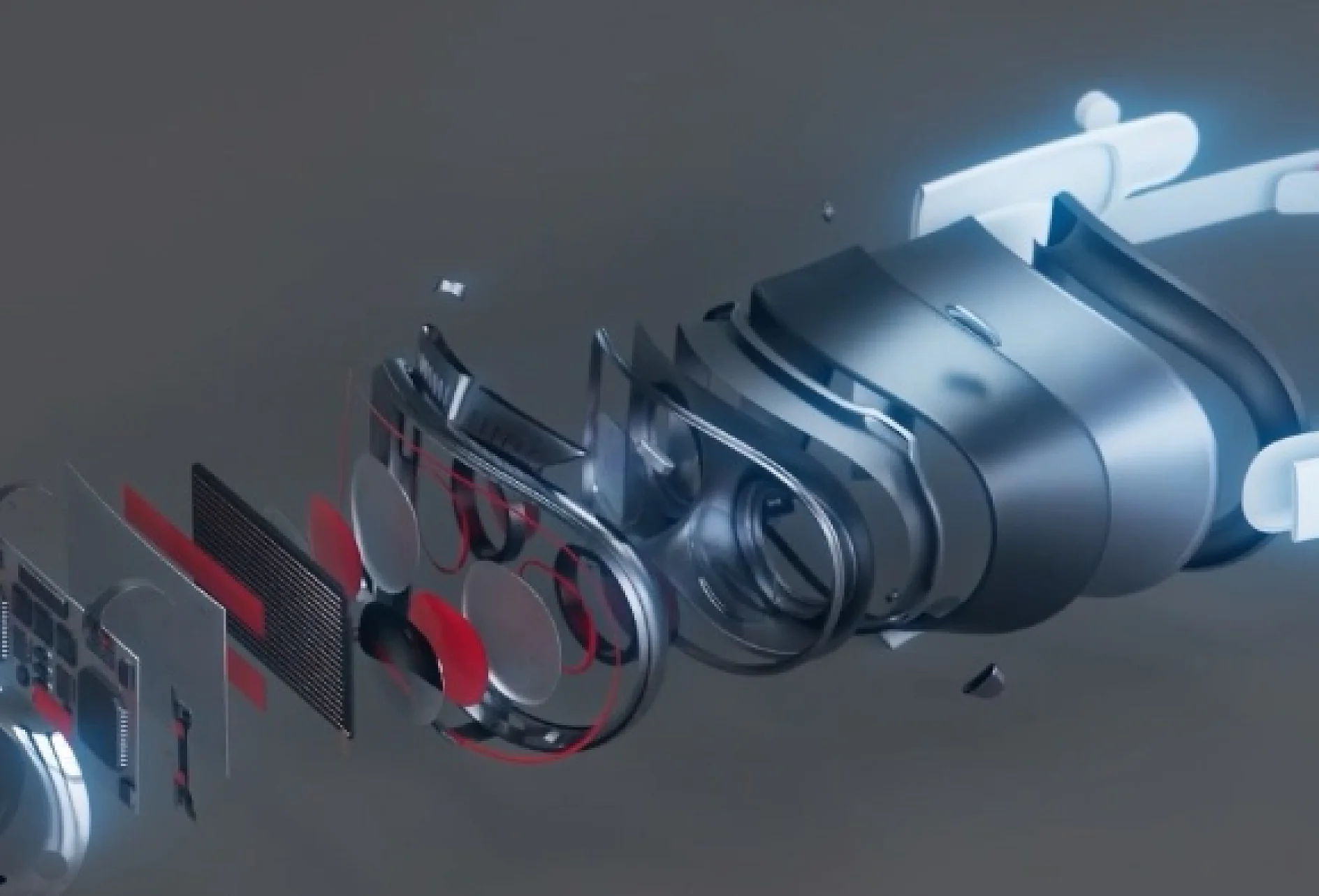 An exploded view of a VR headset shows its internal parts—lenses, circuit boards, housing, and tesa tape—suspended in mid-air. (This text has been generated by AI)