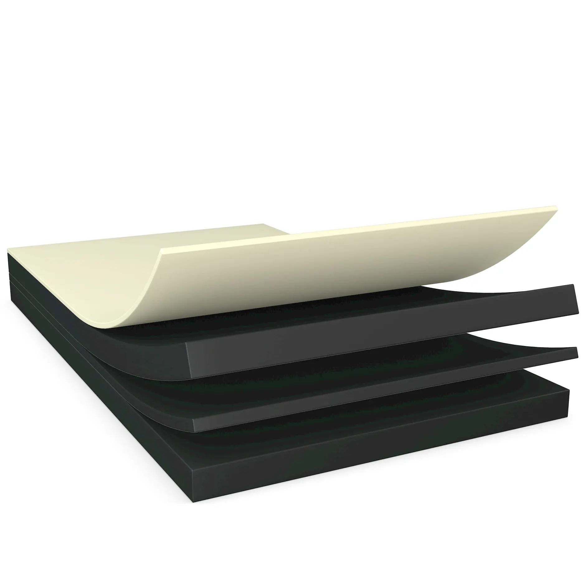 stacked layers of black foam sheets with a single white sheet on top, isolated on a white background, showing material composition tesa (This text has been generated by AI)