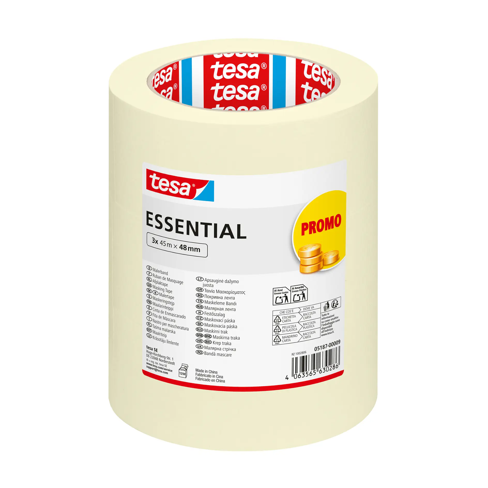tesa essential clear adhesive tape roll with promo label, indoor product packaging on white background (This text has been generated by AI)