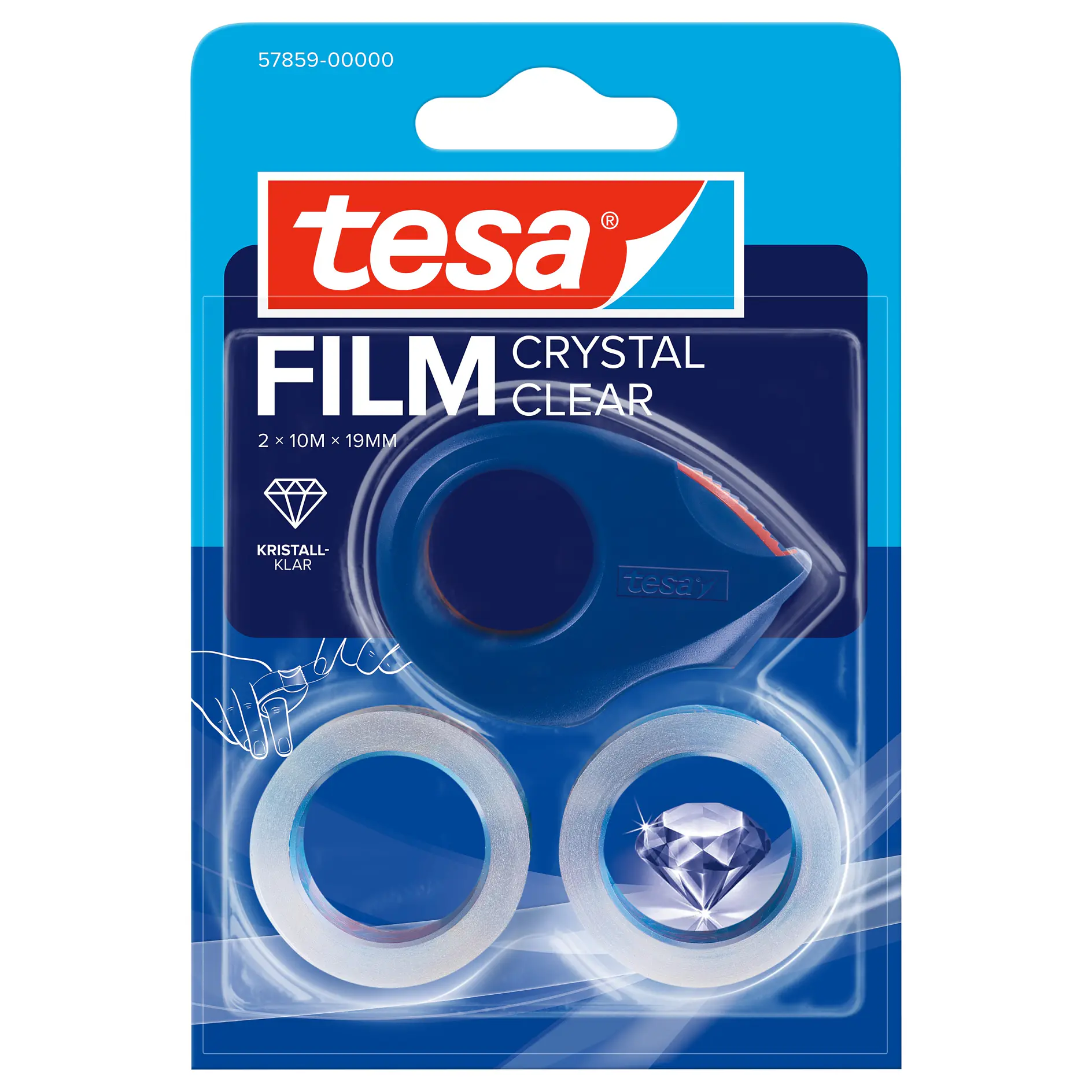 tesa crystal clear film tape with dispenser, two rolls, packaged in blue and white blister pack, indoor product display (This text has been generated by AI)