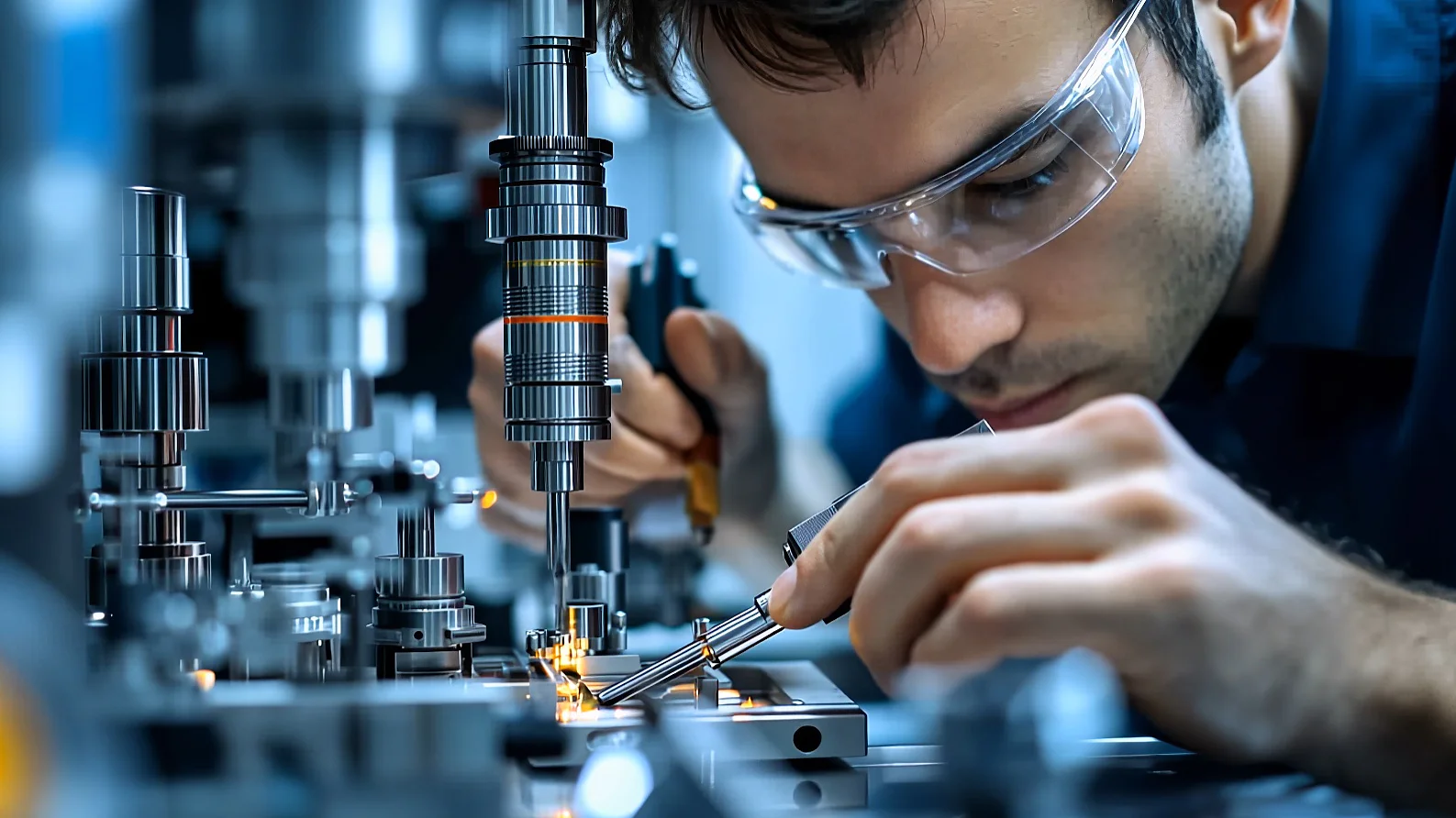 A person wearing safety glasses uses tesa tape and precision tools on machinery, focused amid metal parts in a well-lit workspace. (This text has been generated by AI)