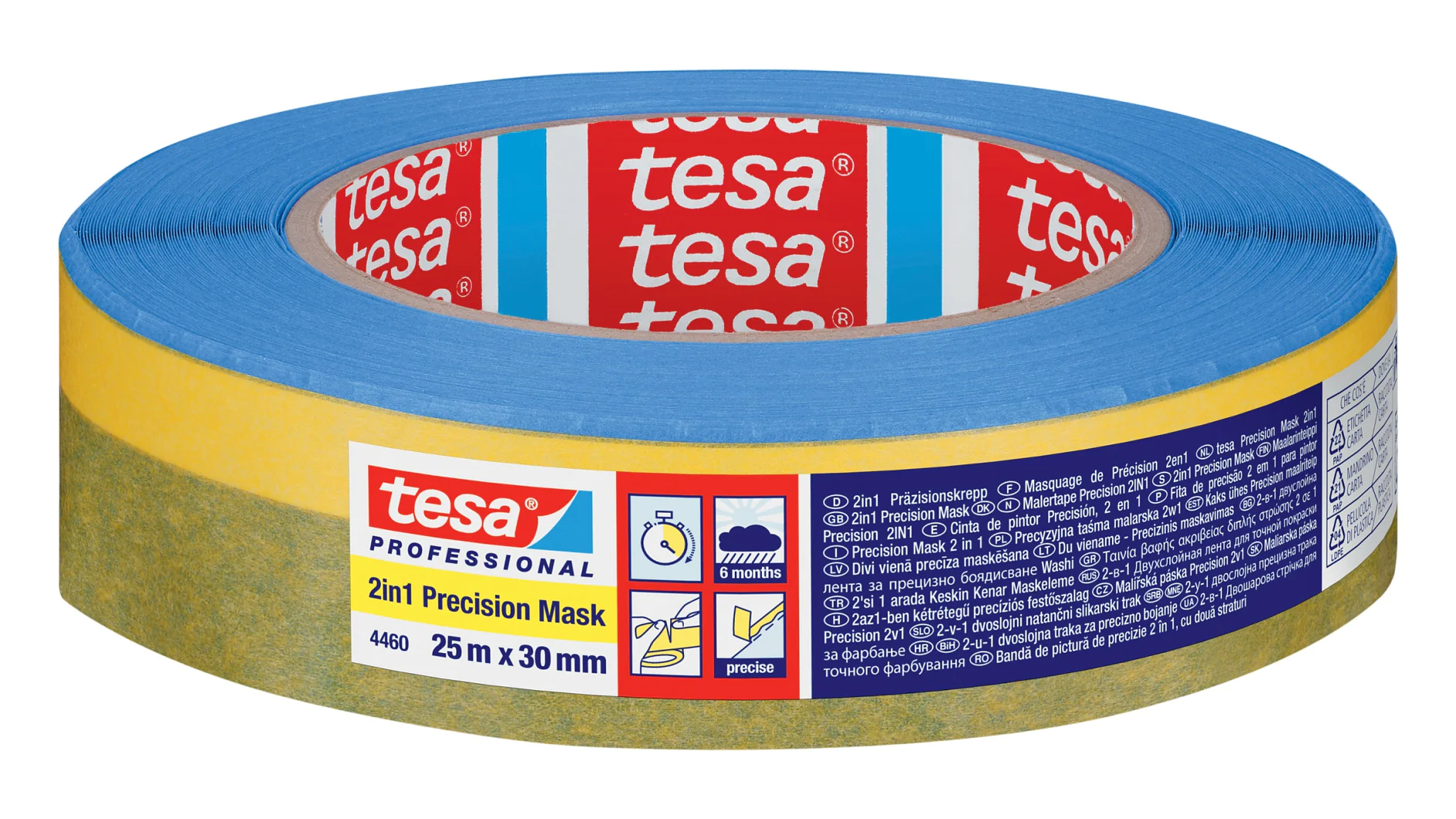 A roll of tesa tape, blue with a yellow strip; label displays product info, 25m x 30mm size, and usage instructions. (This text has been generated by AI)