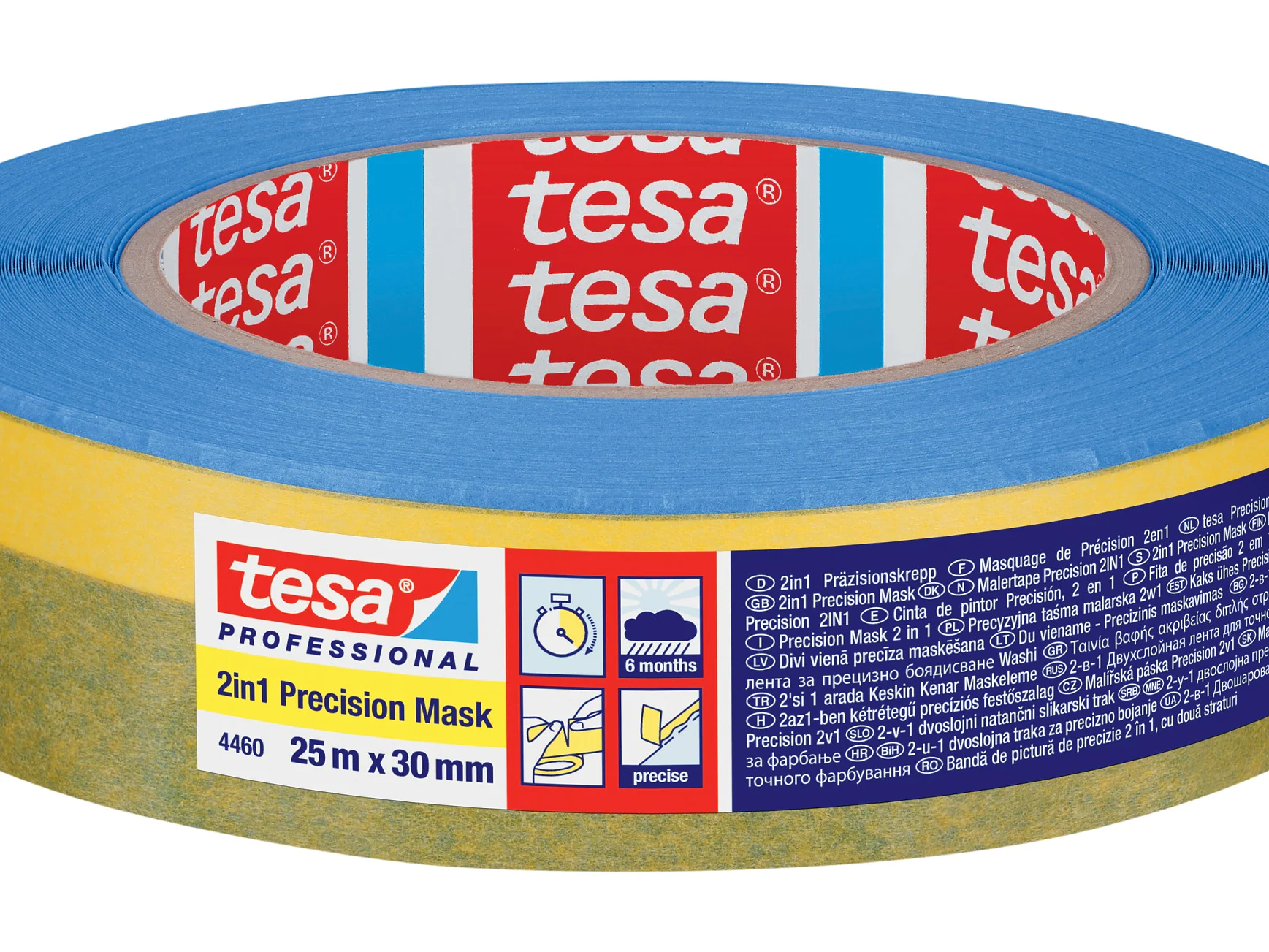 A roll of tesa tape, blue with a yellow strip; label displays product info, 25m x 30mm size, and usage instructions. (This text has been generated by AI)