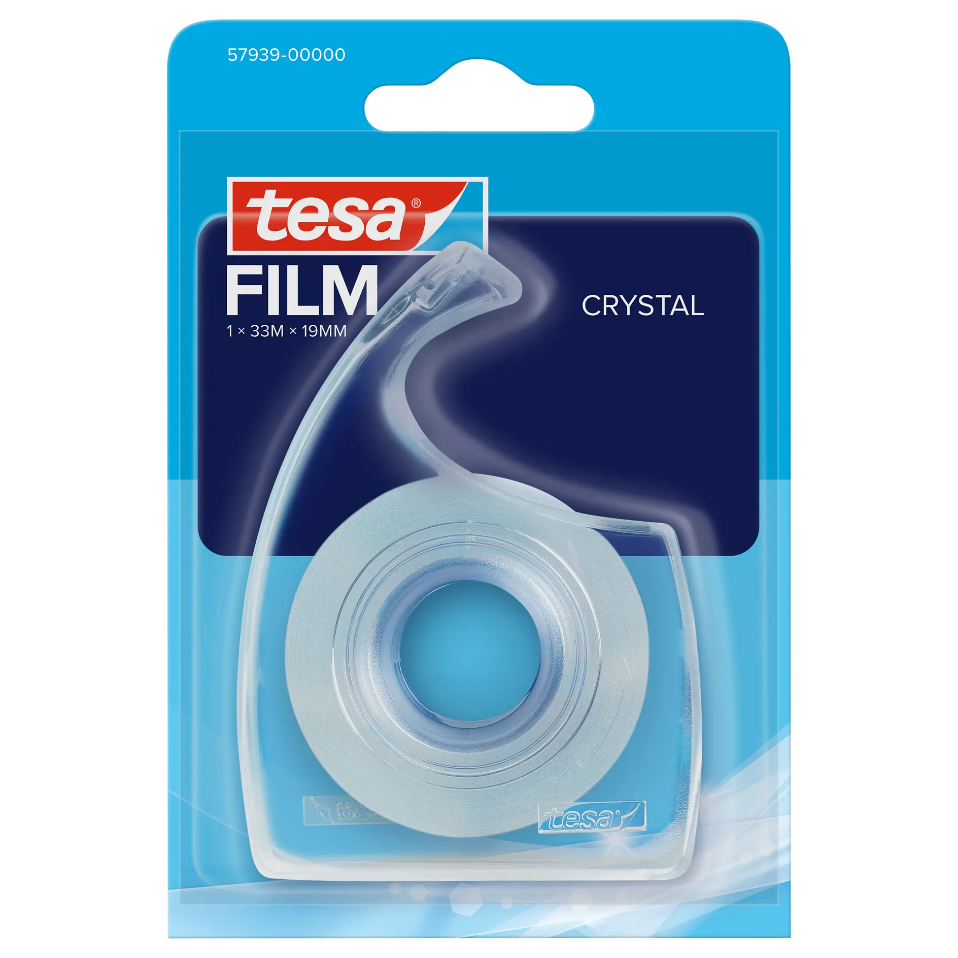 tesa crystal film tape roll in clear plastic dispenser, packaged in blue and white retail blister pack, indoor product display (This text has been generated by AI)