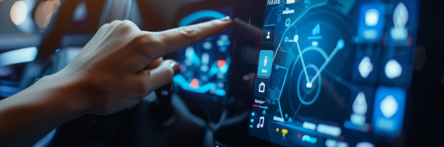 A person’s hand touches a car’s digital touchscreen dashboard displaying navigation, music, and settings; tesa tape is in view. (This text has been generated by AI)