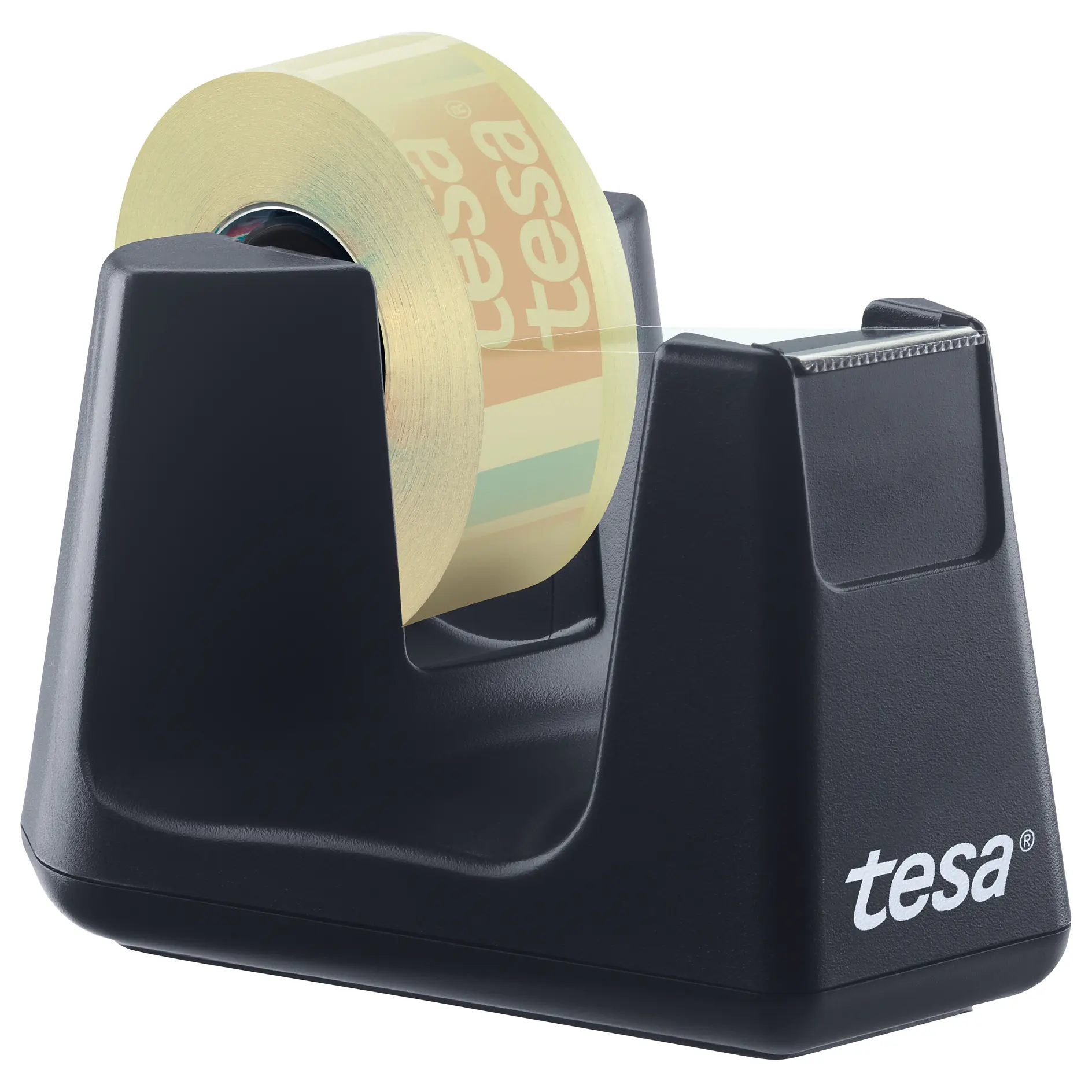 Black tesa tape dispenser holding a roll of transparent adhesive tape with the tesa logo on both items, isolated on white background. (This text has been generated by AI)