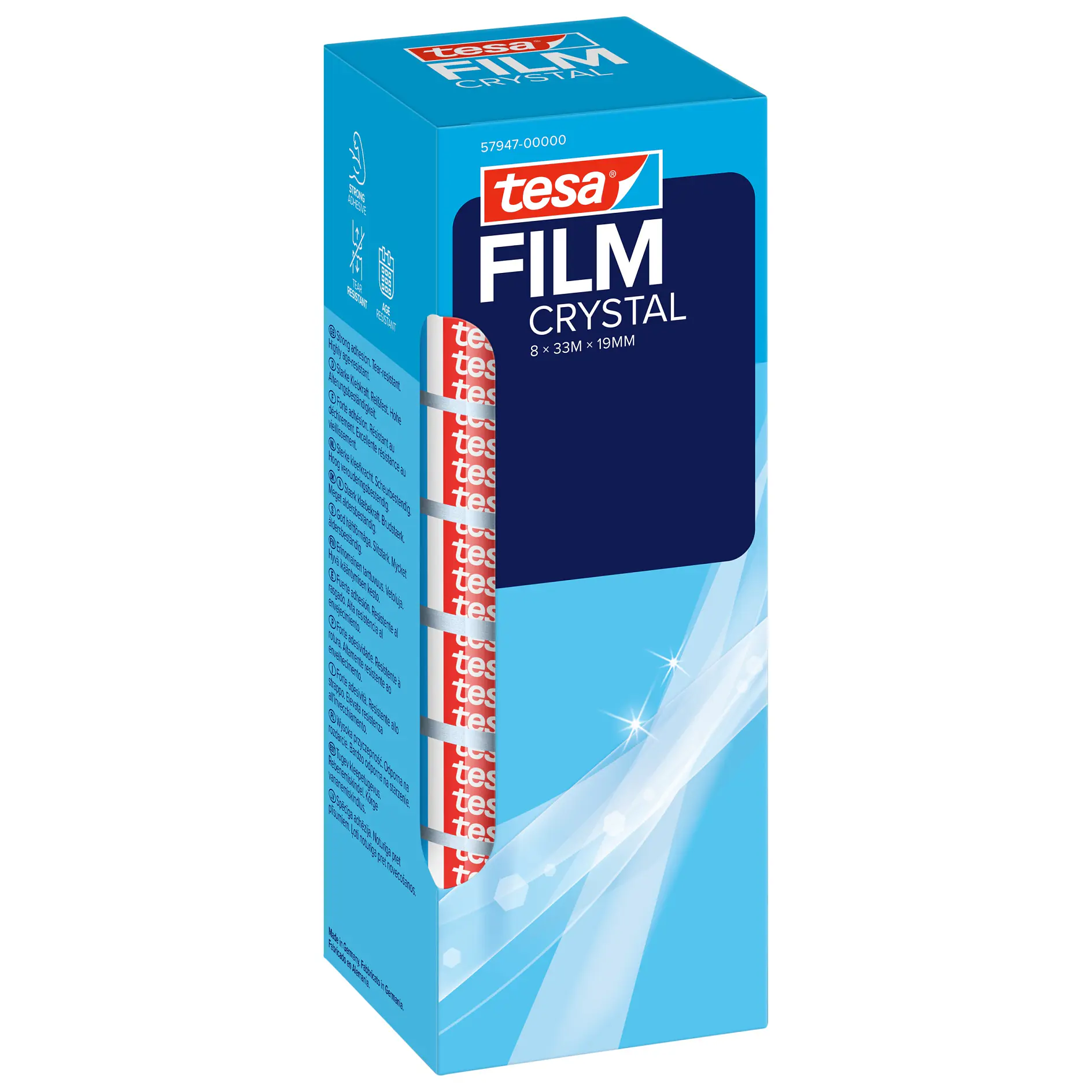 tesa film crystal transparent adhesive tape in blue and white packaging box on white background (This text has been generated by AI)