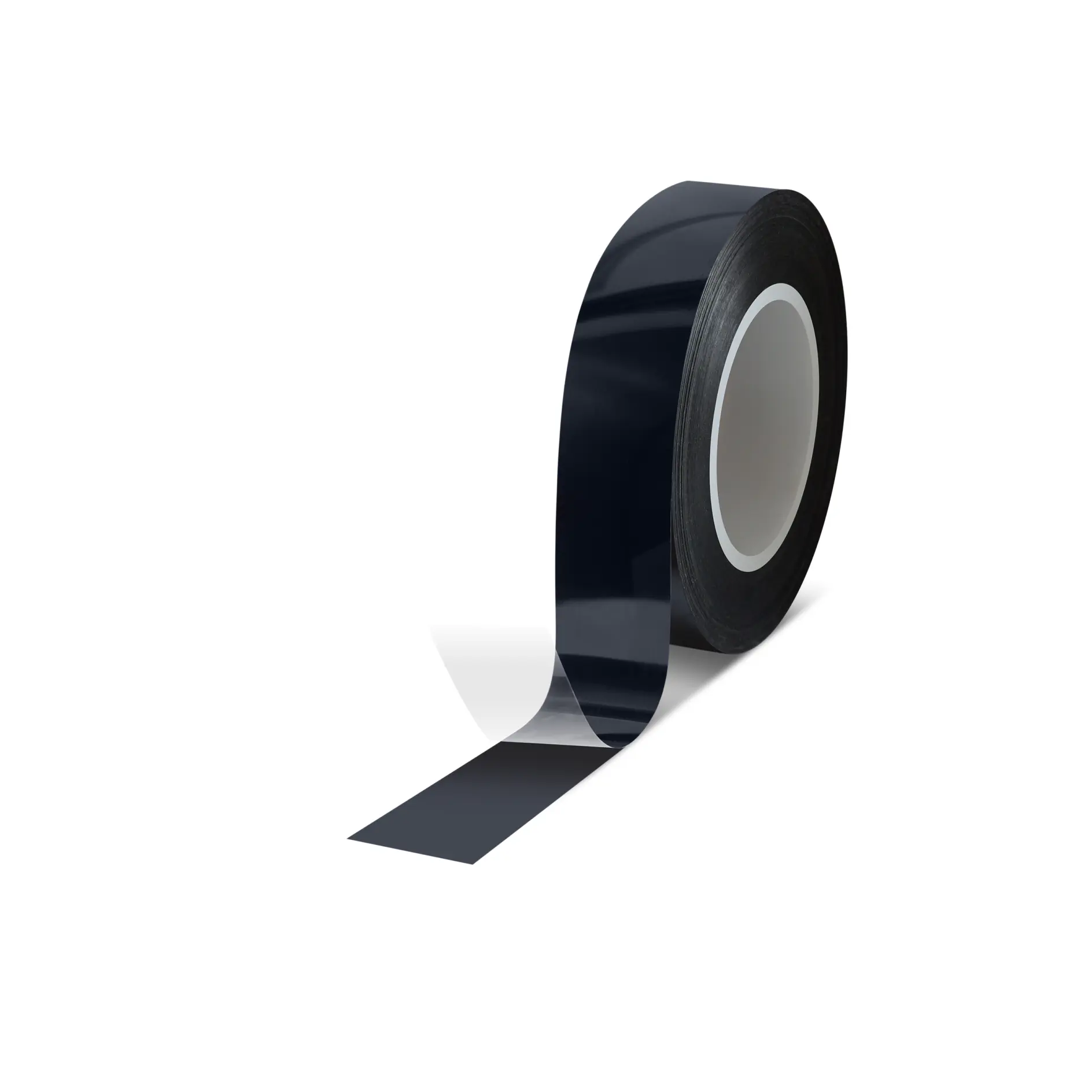 a roll of black adhesive tape with a glossy finish, partially unrolled, showcasing its sticky surface. (This text has been generated by AI)