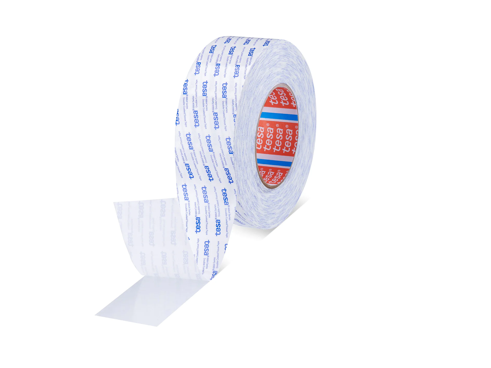 roll of tesa branded double-sided adhesive tape with a partially unrolled strip on a white background (This text has been generated by AI)