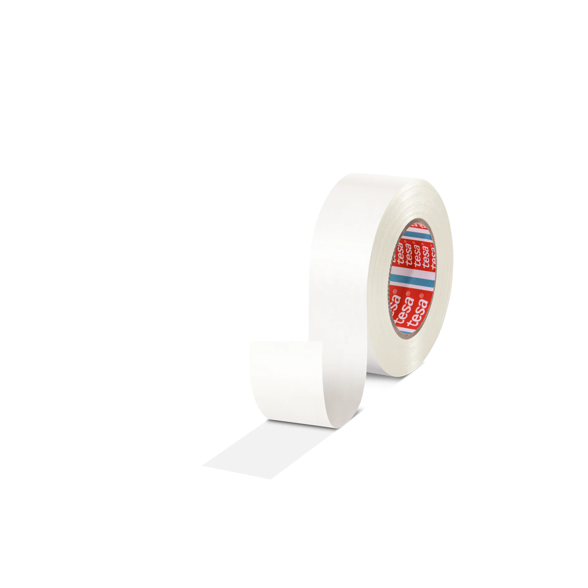 tesa white adhesive tape roll with a small detached piece on a white background (This text has been generated by AI)