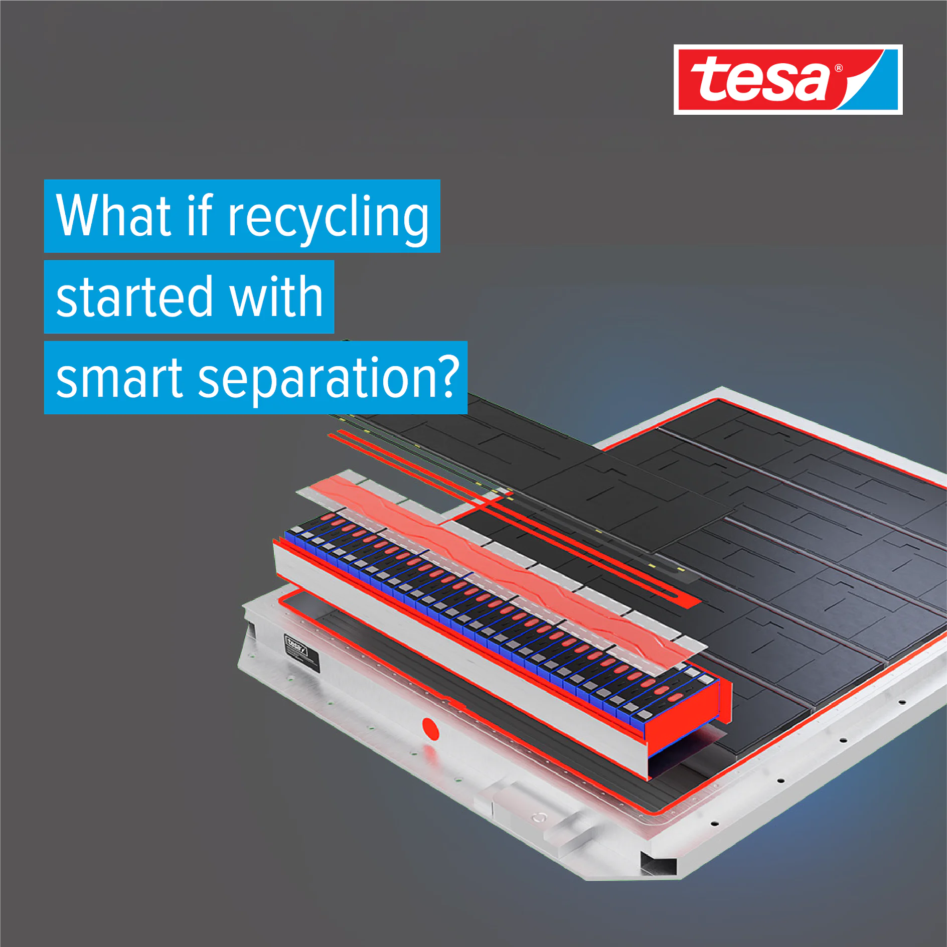 A cross-section battery pack diagram showing highlighted layers, text reading What if recycling used smart tesa tape separation?, and the tesa logo in the top right corner. (This text has been generated by AI)