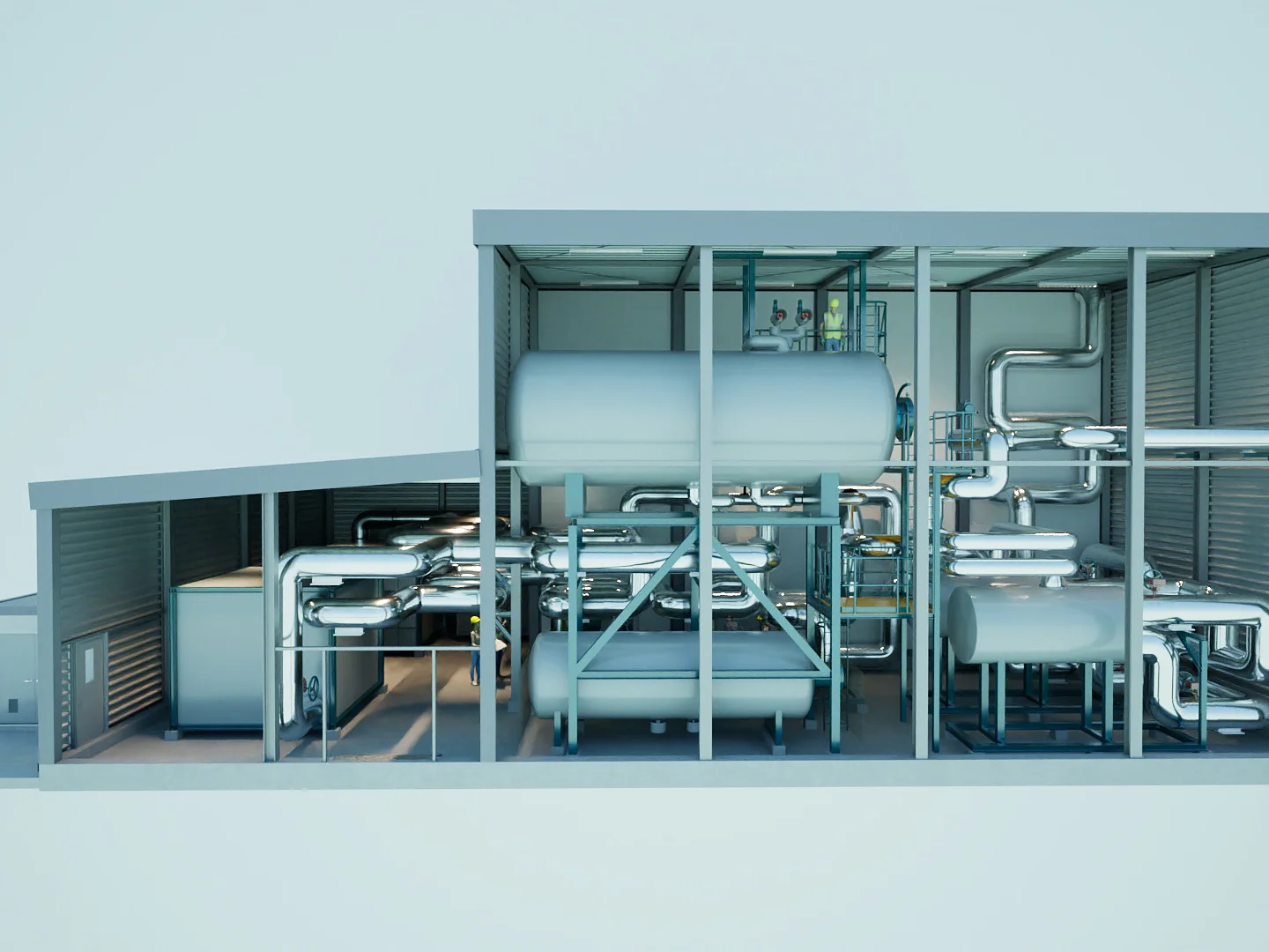 3D cross-section of ENERGYNEST power-to-heat plant with 24 thermal storage modules, piping and tanks for climate-neutral process heat generation at tesa's Hamburg facility.