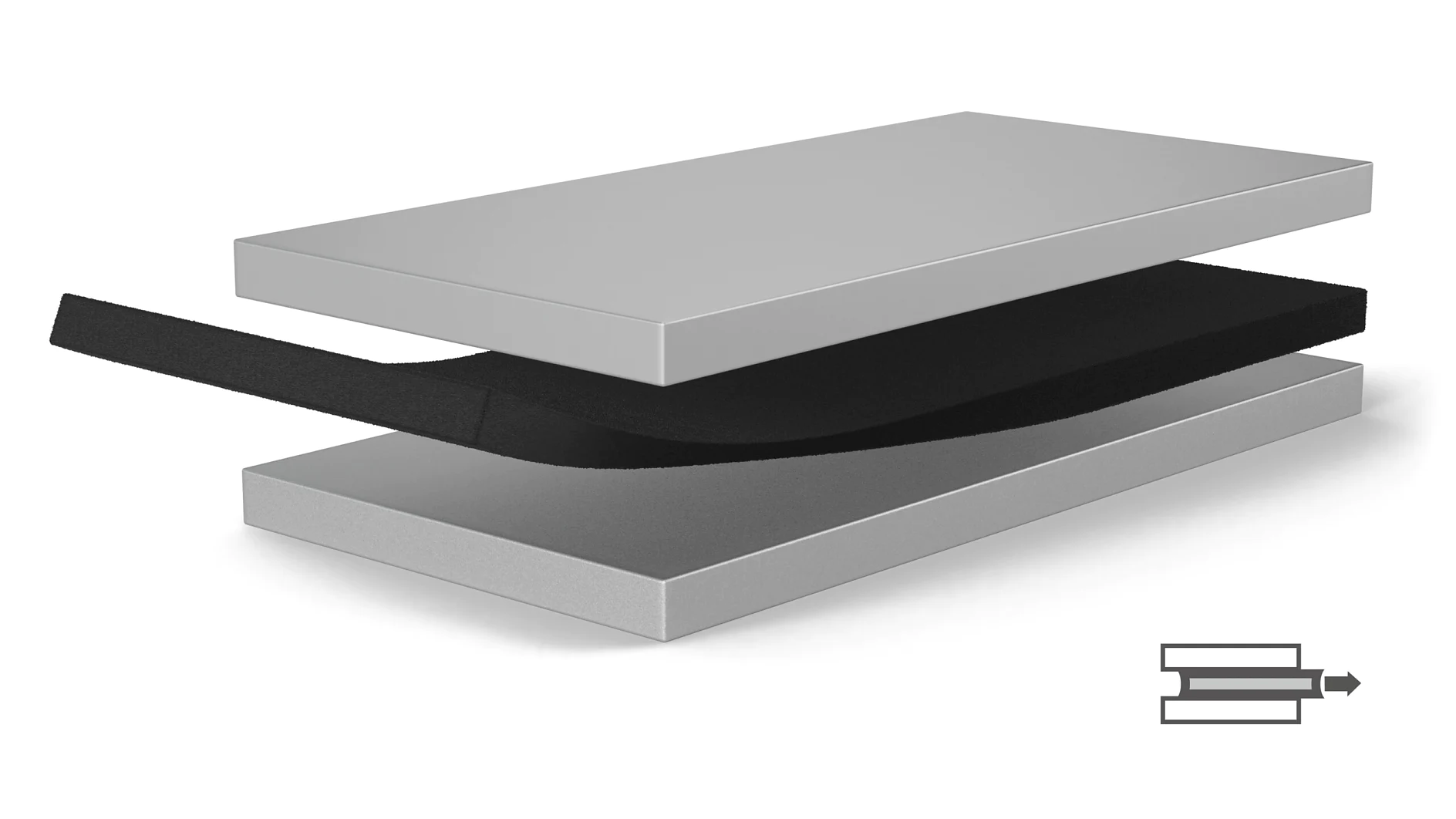 tesa adhesive tape strip positioned between two gray rectangular blocks, shown in a digital 3D rendering with a white background (This text has been generated by AI)