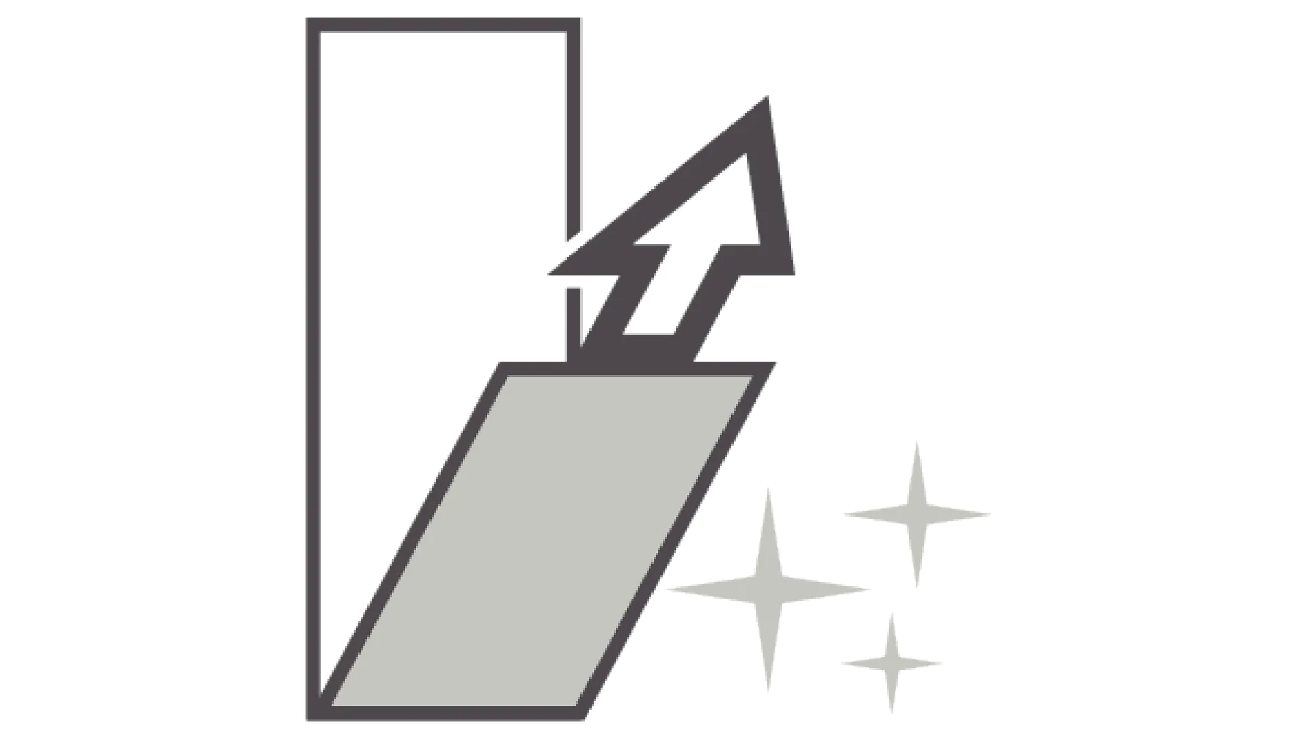 an upward arrow emerging from a slanted surface with sparkling accents beside it, set against a simple rectangular outline. (This text has been generated by AI)