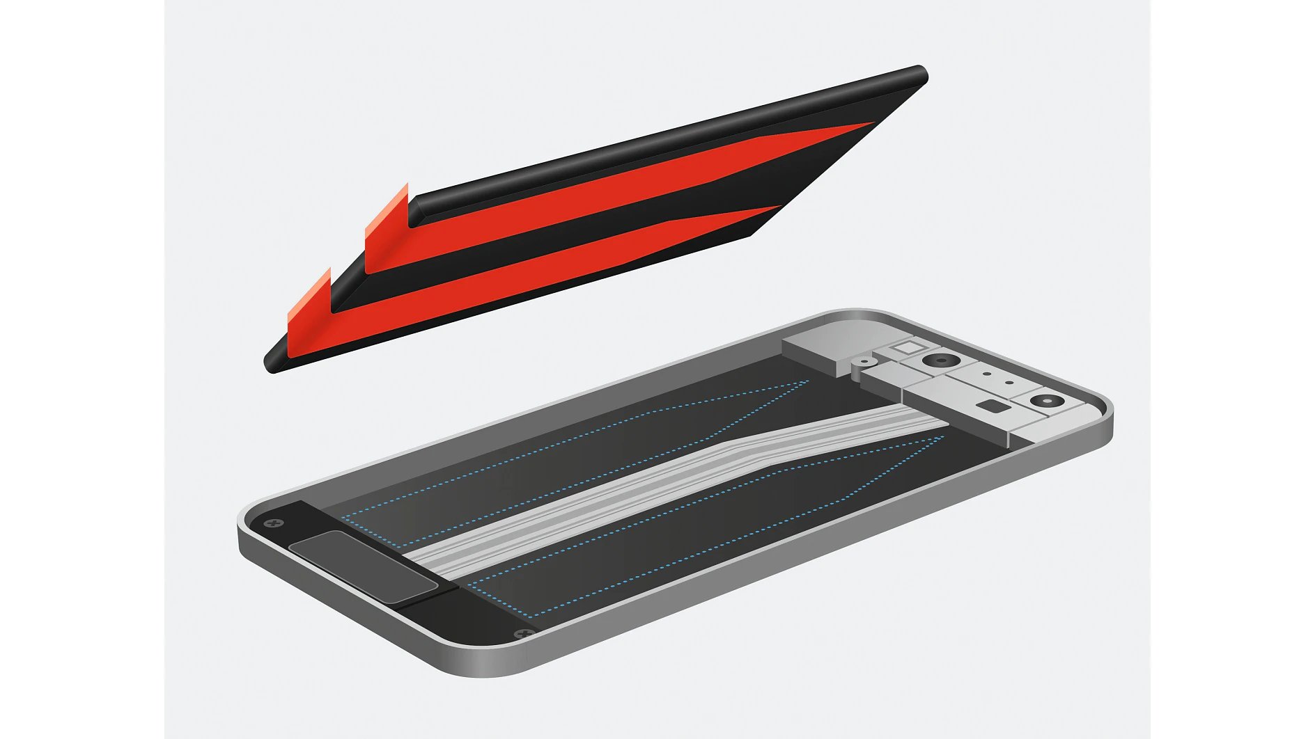 tesa branded red and black adhesive strip being applied to a smartphone screen in a digital rendering (This text has been generated by AI)