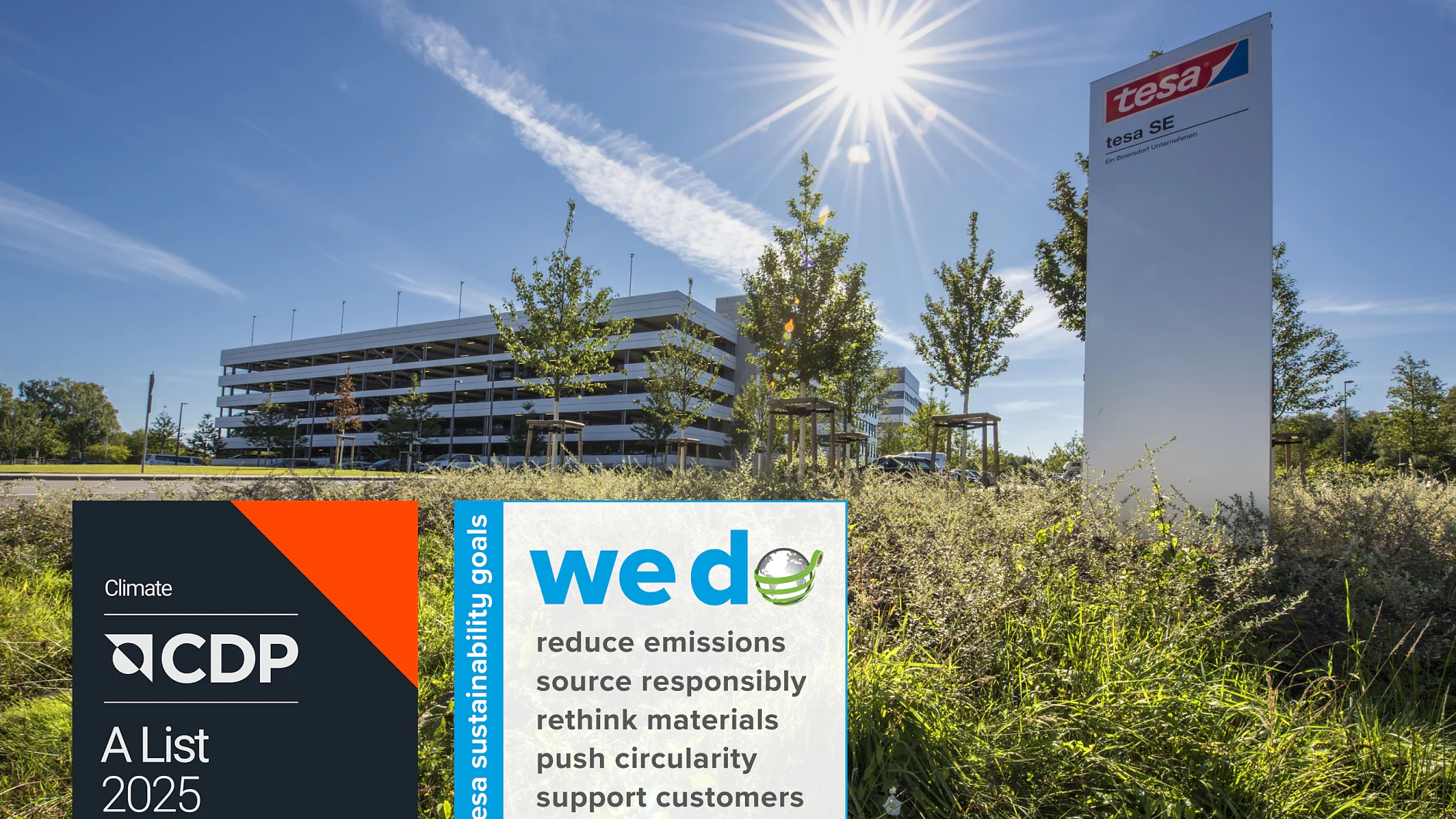 tesa headquarters with CDP Climate A List 2025 award sign and 'we do' sustainability banner showing commitments: reduce emissions, source responsibly, rethink materials, push circularity
