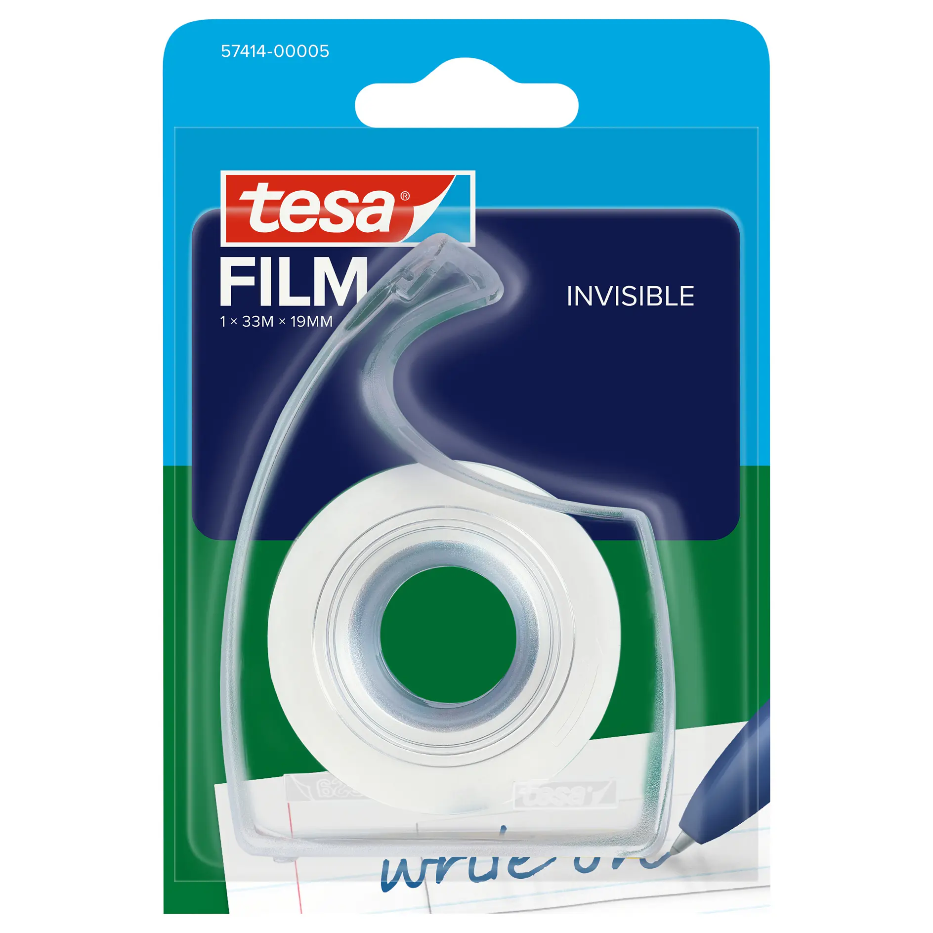 tesa transparent adhesive tape roll in a clear plastic dispenser with blue and green packaging on a white background (This text has been generated by AI)