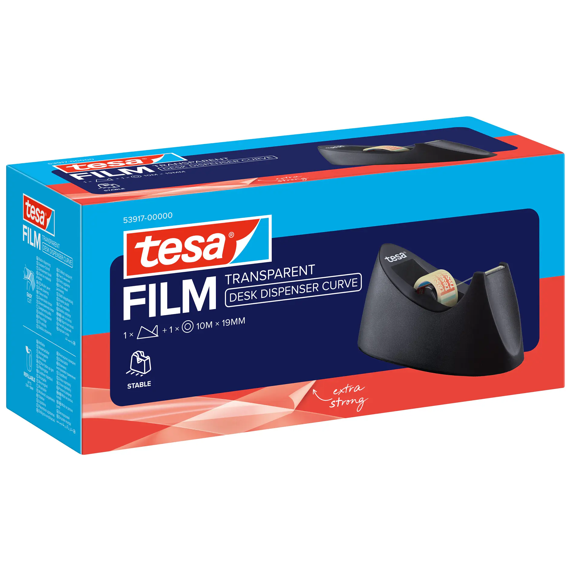 tesa transparent film tape with black curved desk dispenser in blue and red retail box on white background (This text has been generated by AI)