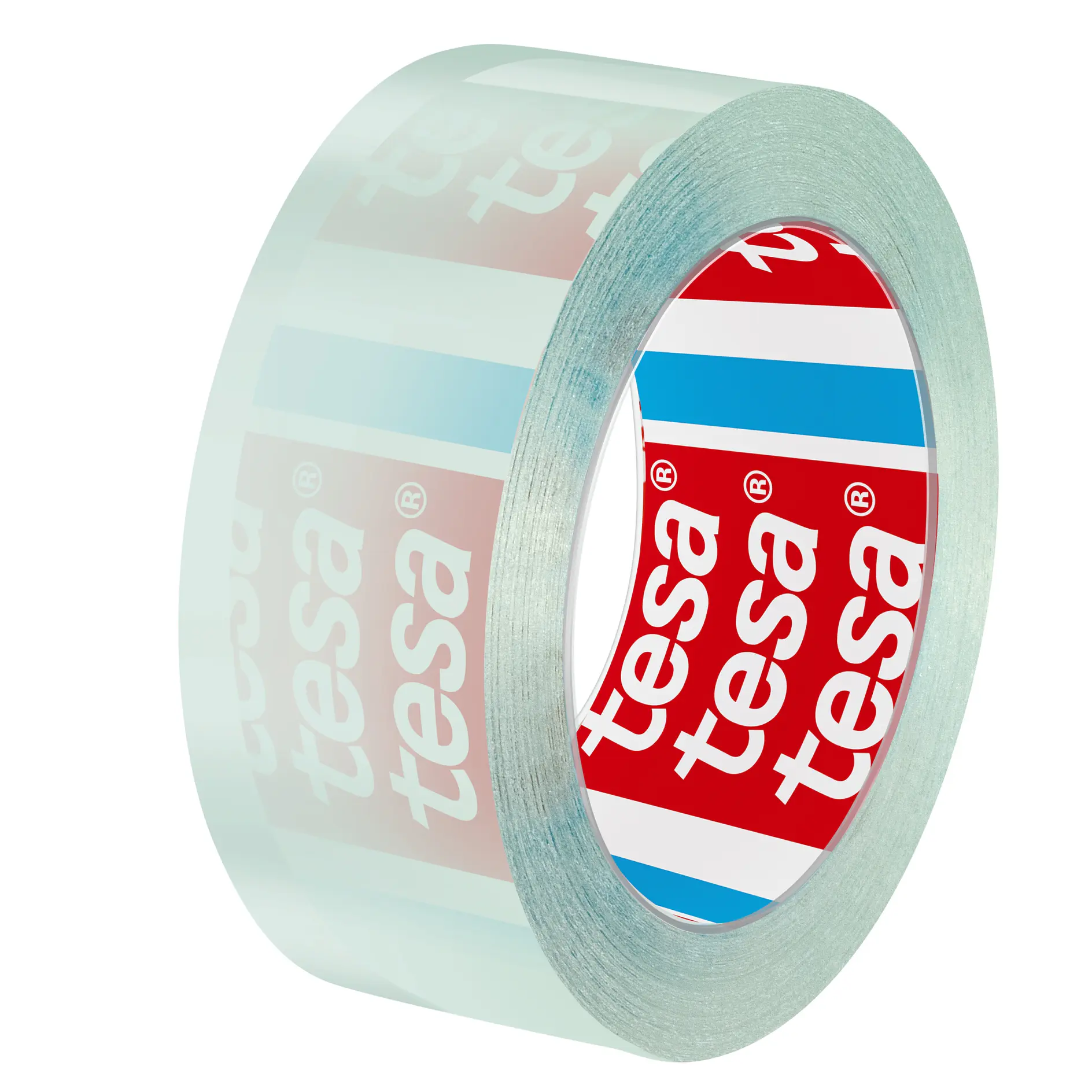 clear adhesive tape roll with tesa branding on the inner core, shown against a white background (This text has been generated by AI)