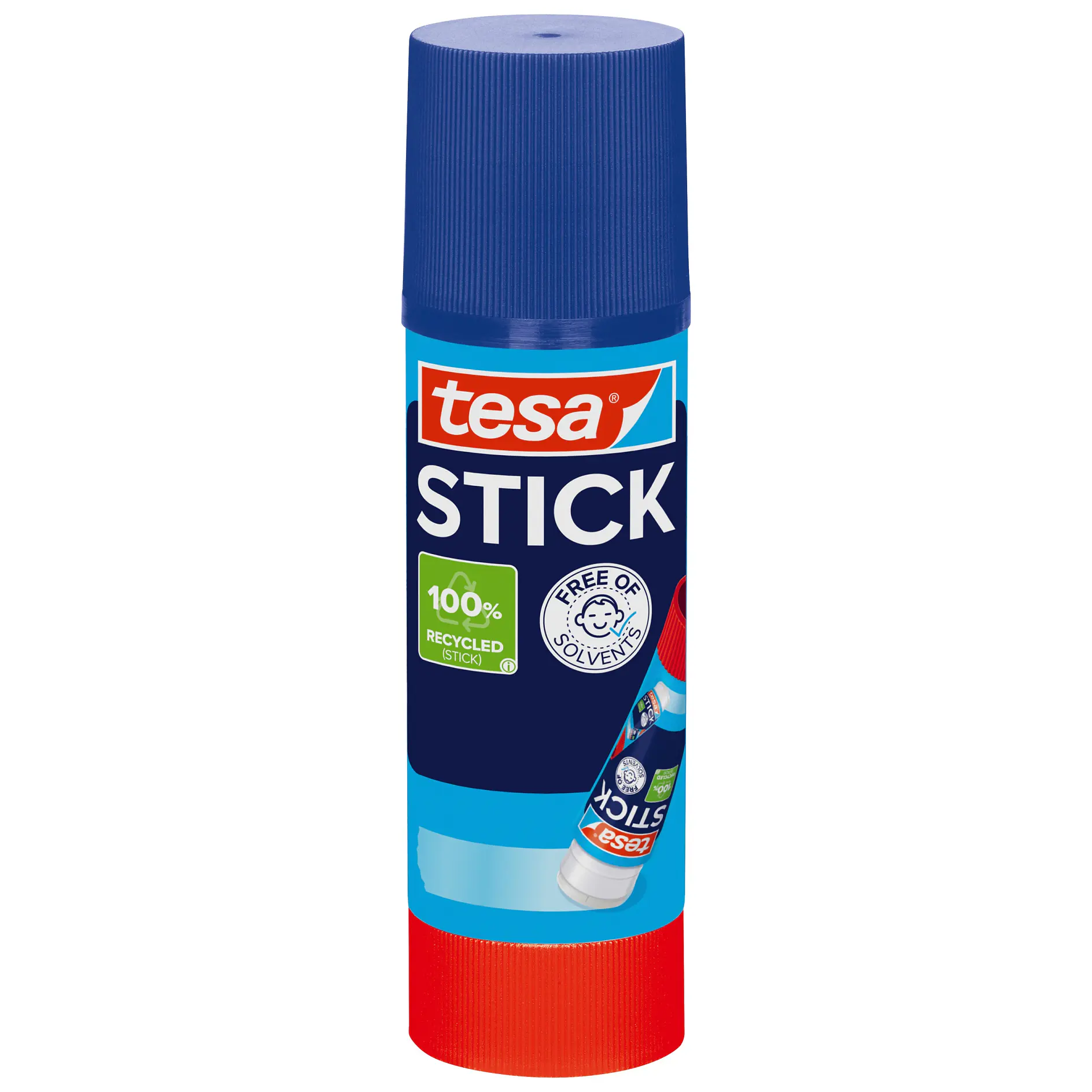 tesa glue stick with blue cap and red base, labeled for 100% natural ingredients, shown on white background (This text has been generated by AI)
