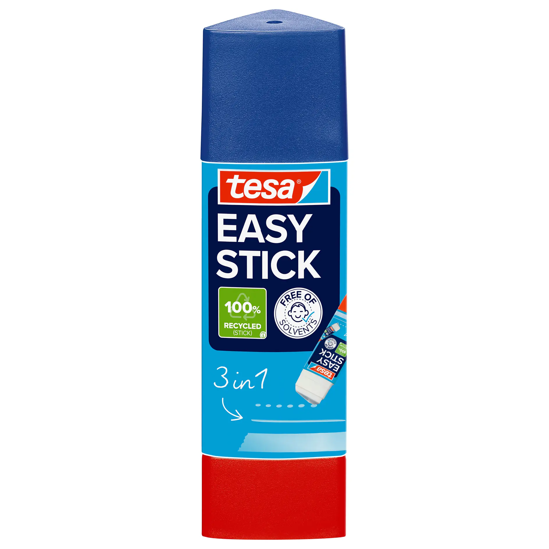 tesa easy stick 3in1 glue stick with 100% recycled paper label and blue cap on white background (This text has been generated by AI)