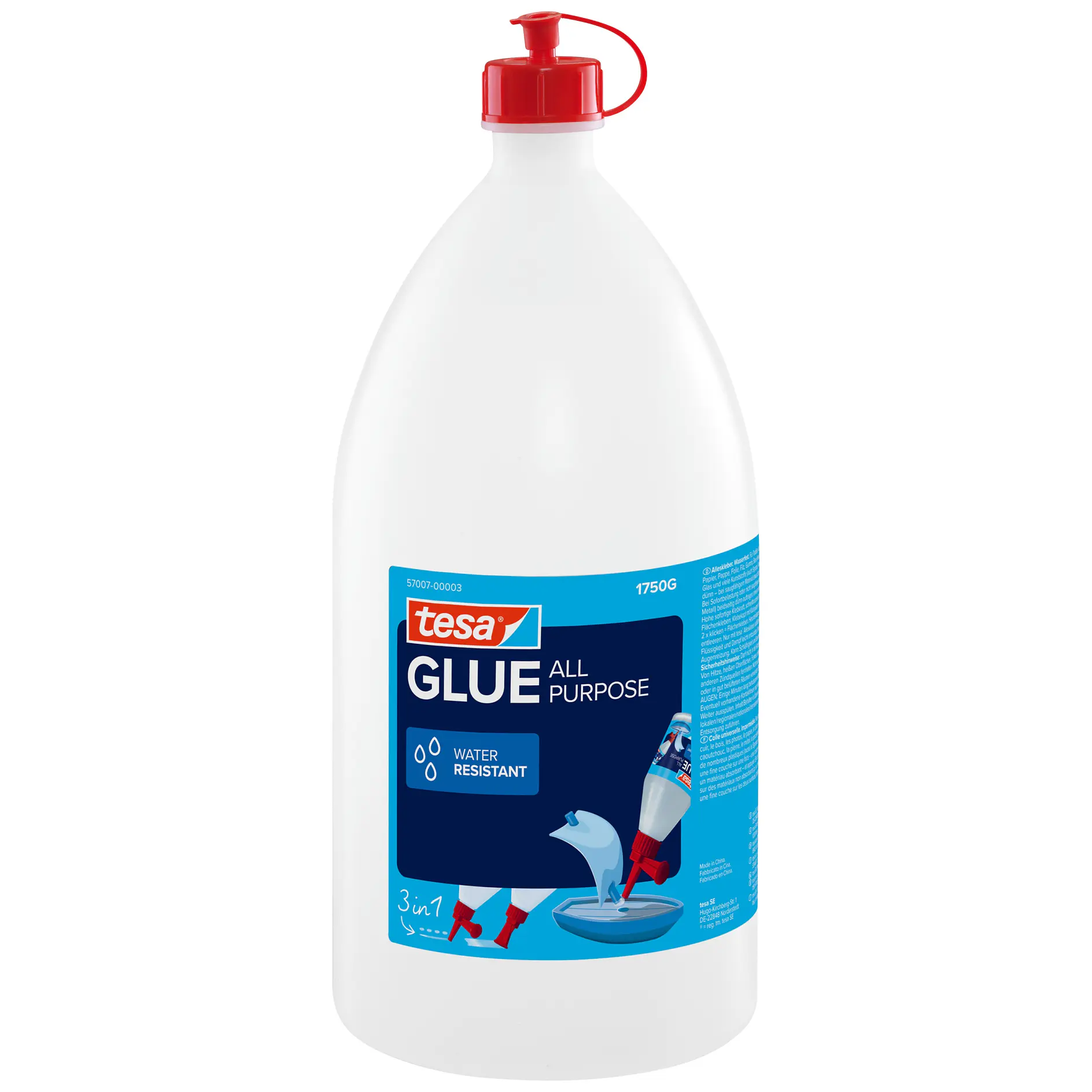 tesa all-purpose glue bottle with red cap and label showing glue pouring onto paper, isolated on white background (This text has been generated by AI)