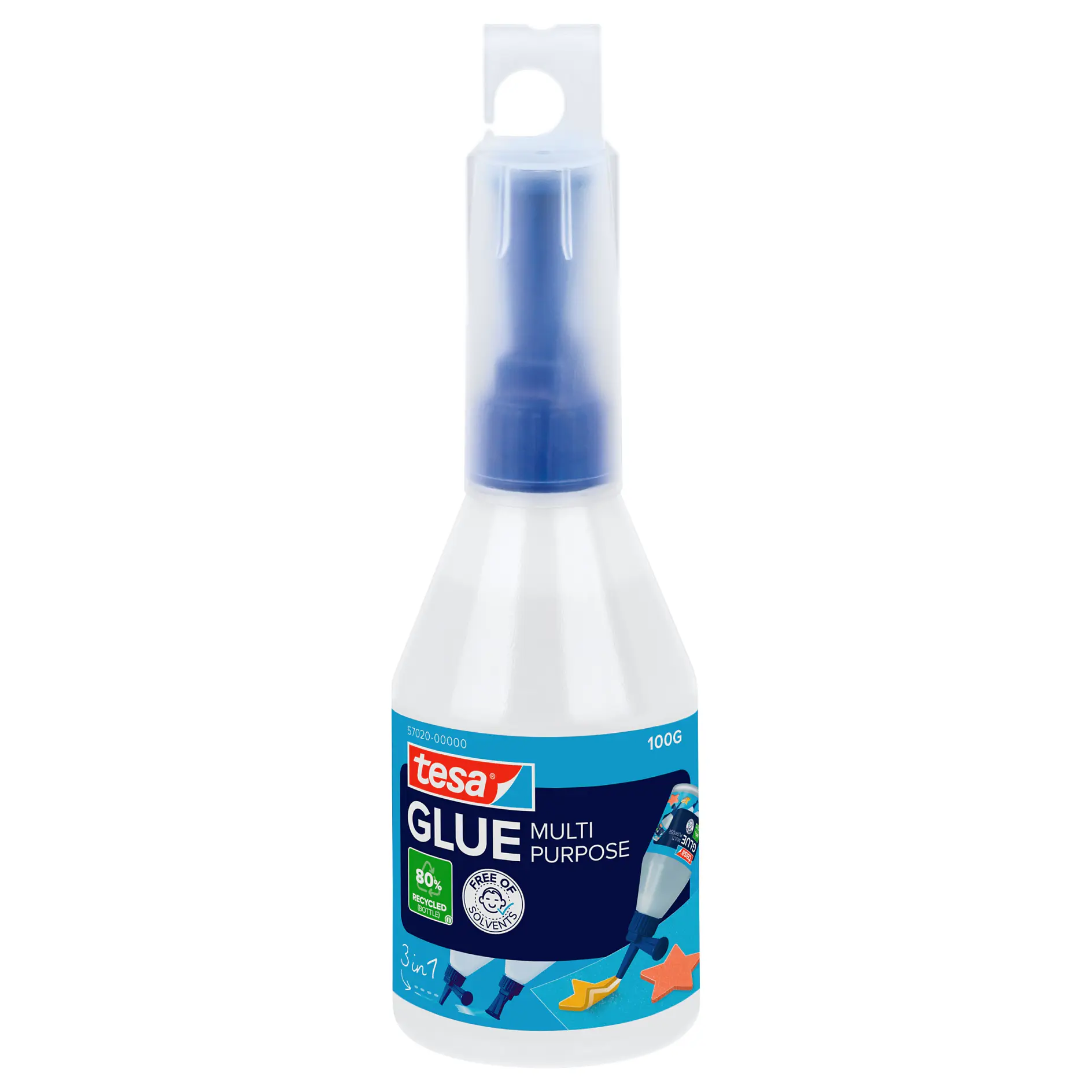tesa multipurpose glue bottle with blue cap and white body, designed for indoor use on various materials, isolated on white background (This text has been generated by AI)