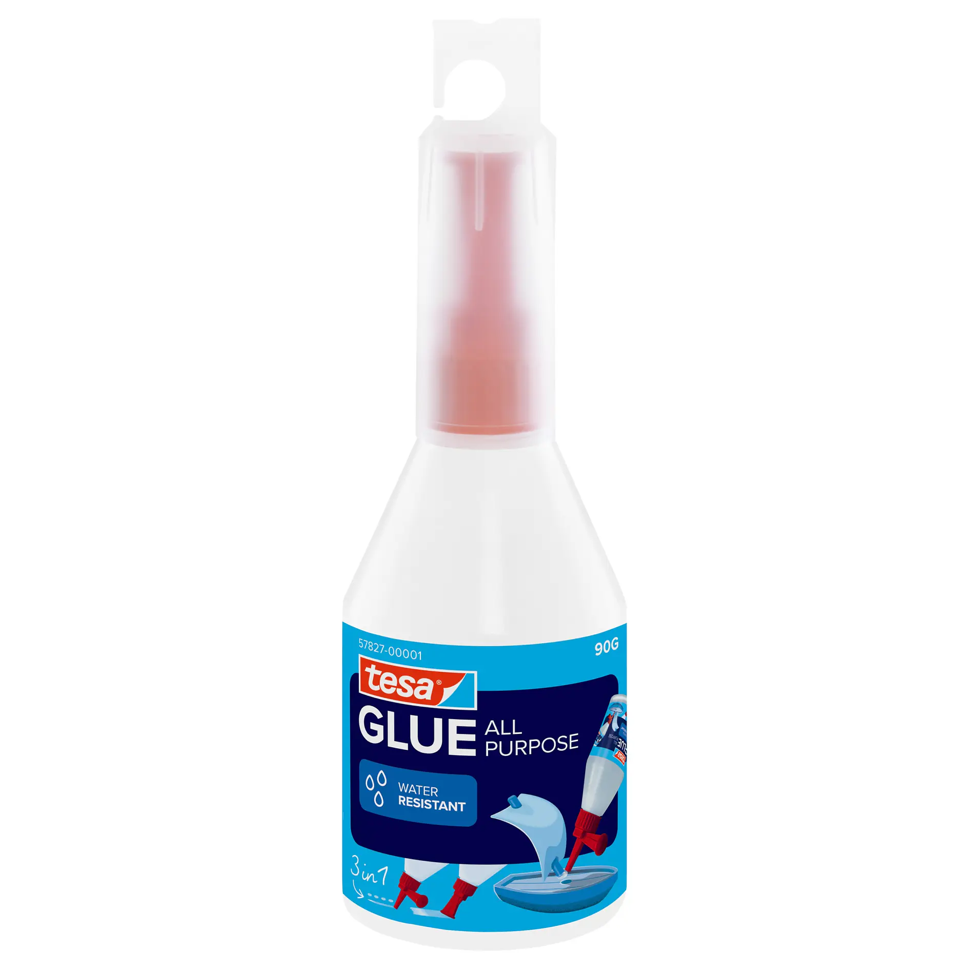 tesa all-purpose glue bottle with red cap, white body, and blue label, isolated on white background (This text has been generated by AI)