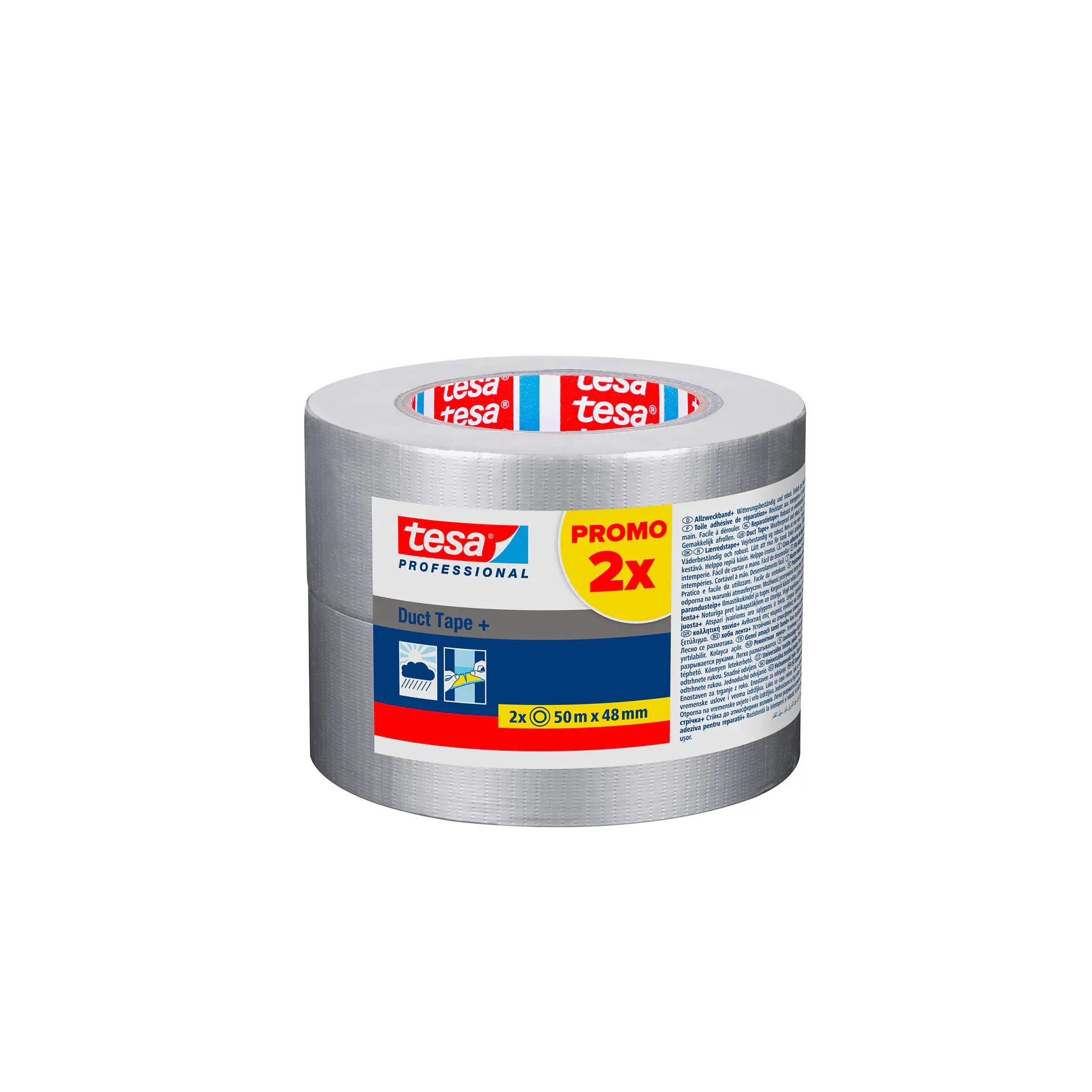 tesa branded silver duct tape roll with promotional 2x label on a white background (This text has been generated by AI)